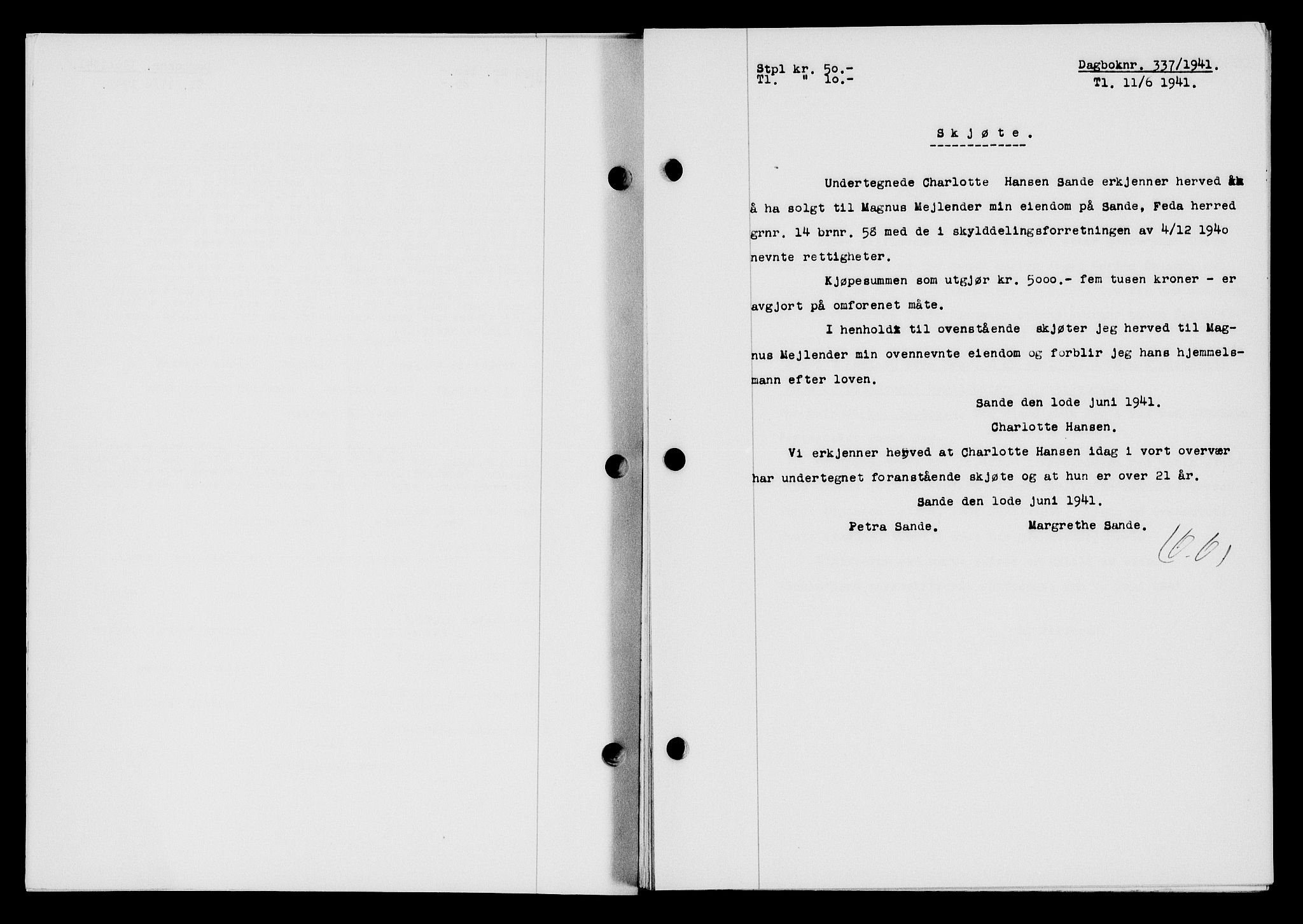 Flekkefjord sorenskriveri, SAK/1221-0001/G/Gb/Gba/L0057: Mortgage book no. A-5, 1941-1942, Diary no: : 337/1941