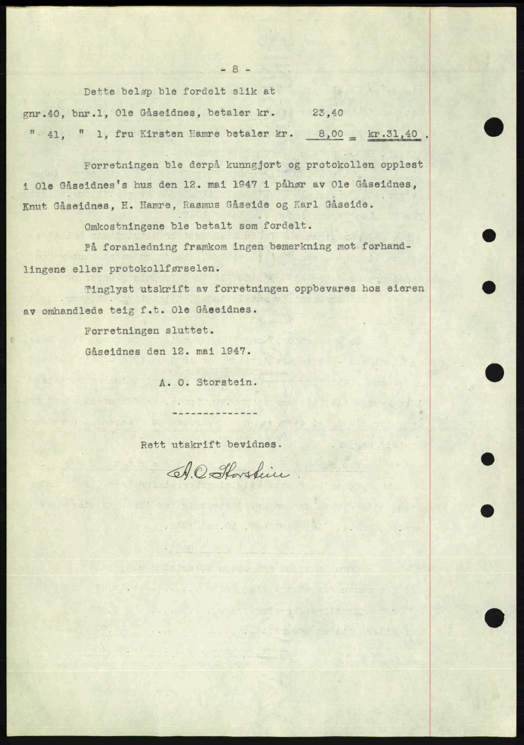 Nordre Sunnmøre sorenskriveri, AV/SAT-A-0006/1/2/2C/2Ca: Mortgage book no. A24, 1947-1947, Diary no: : 910/1947