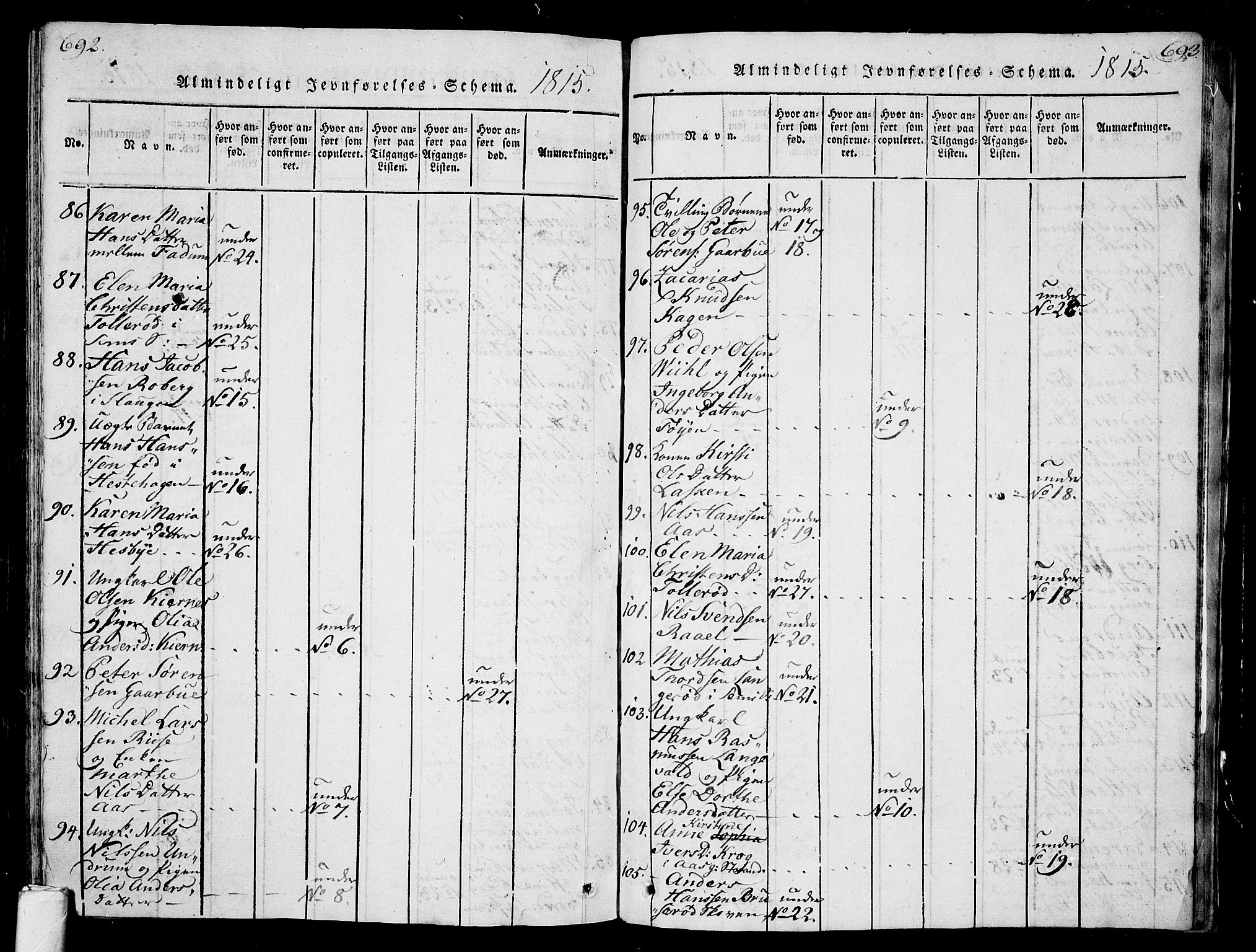 Sem kirkebøker, AV/SAKO-A-5/G/Ga/L0001: Parish register (copy) no. I 1, 1814-1825, p. 692-693