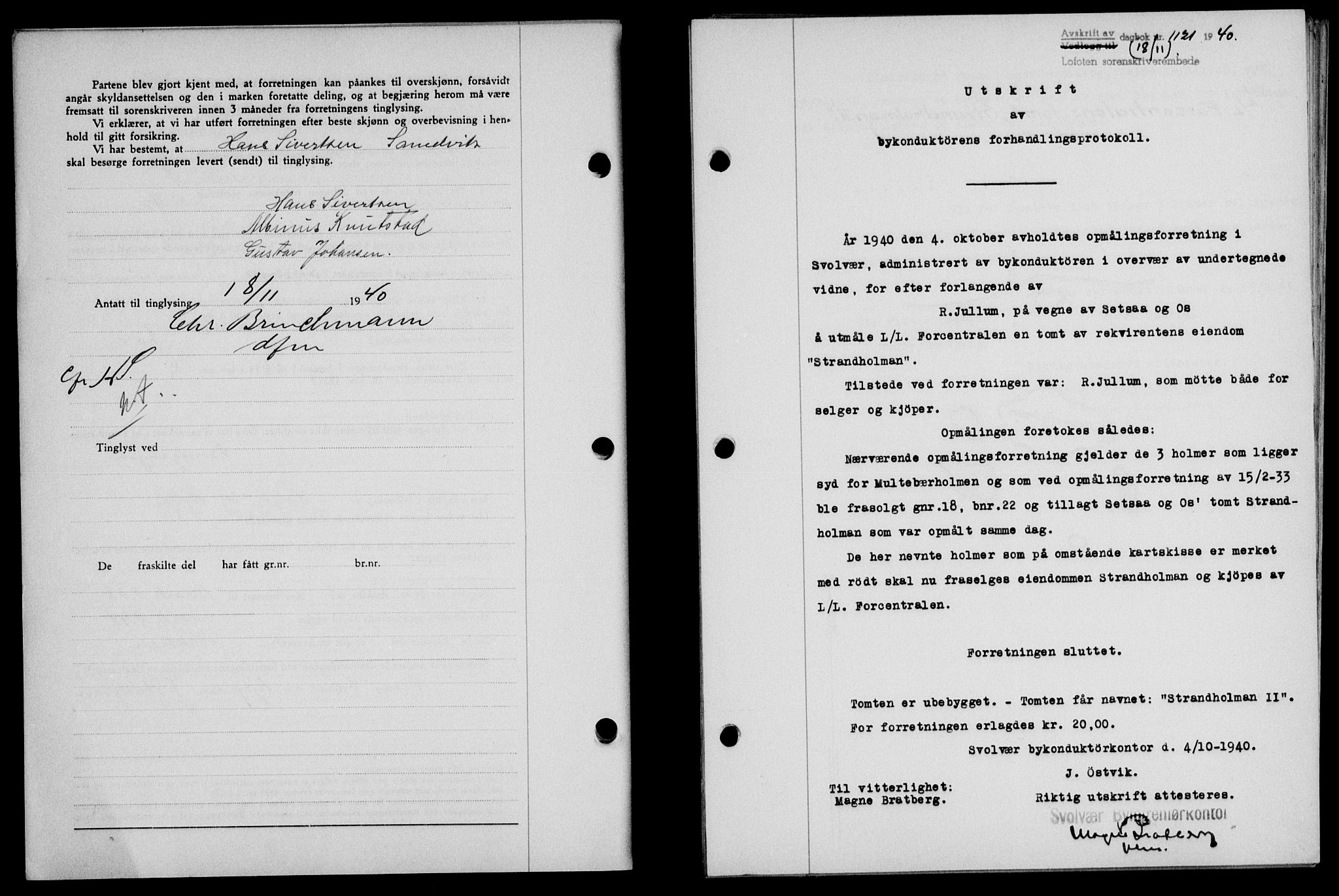 Lofoten sorenskriveri, SAT/A-0017/1/2/2C/L0008a: Mortgage book no. 8a, 1940-1941, Diary no: : 1121/1940