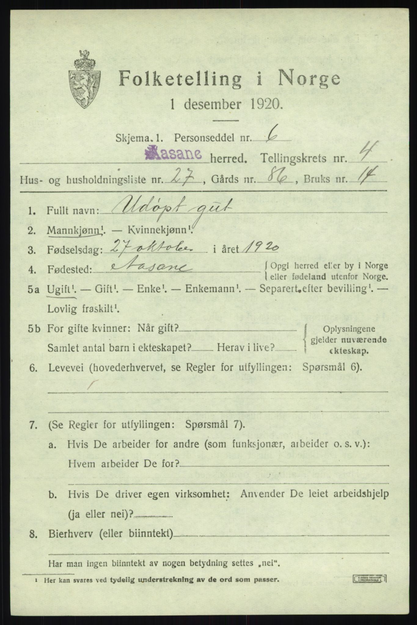 SAB, 1920 census for Åsane, 1920, p. 2825