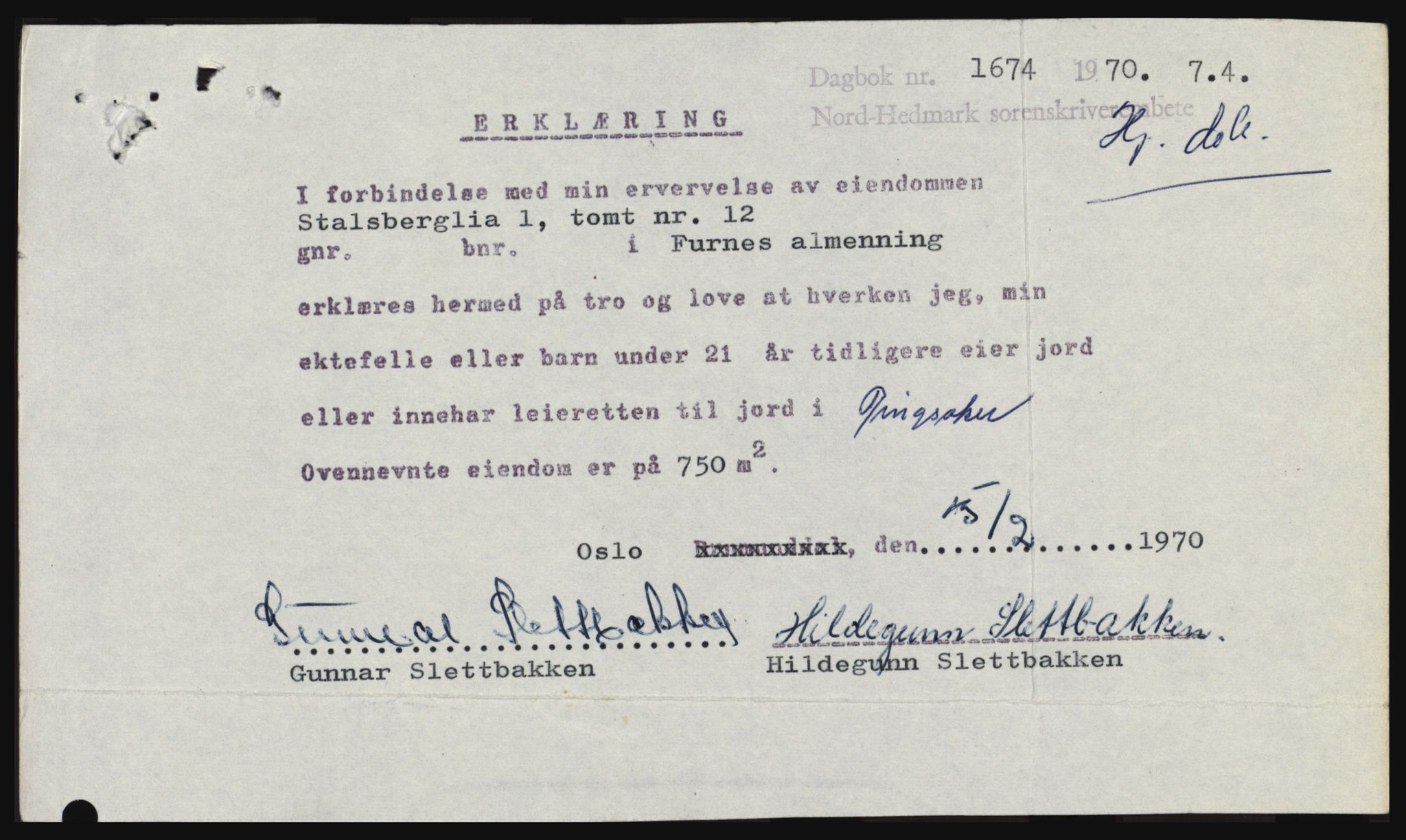 Nord-Hedmark sorenskriveri, SAH/TING-012/H/Hc/L0033: Mortgage book no. 33, 1970-1970, Diary no: : 1674/1970