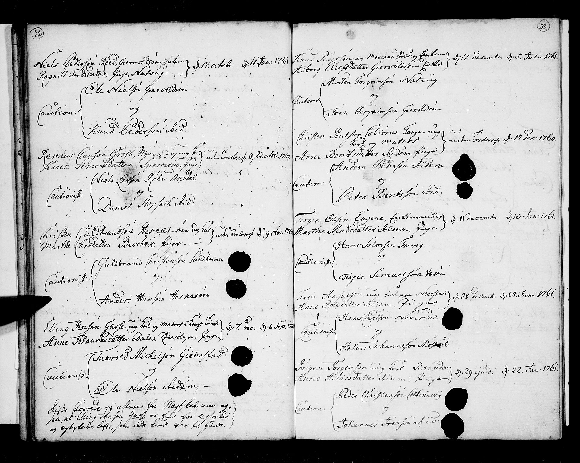 Øyestad sokneprestkontor, AV/SAK-1111-0049/F/Fa/L0007: Parish register (official) no. A 7, 1758-1767, p. 32-33