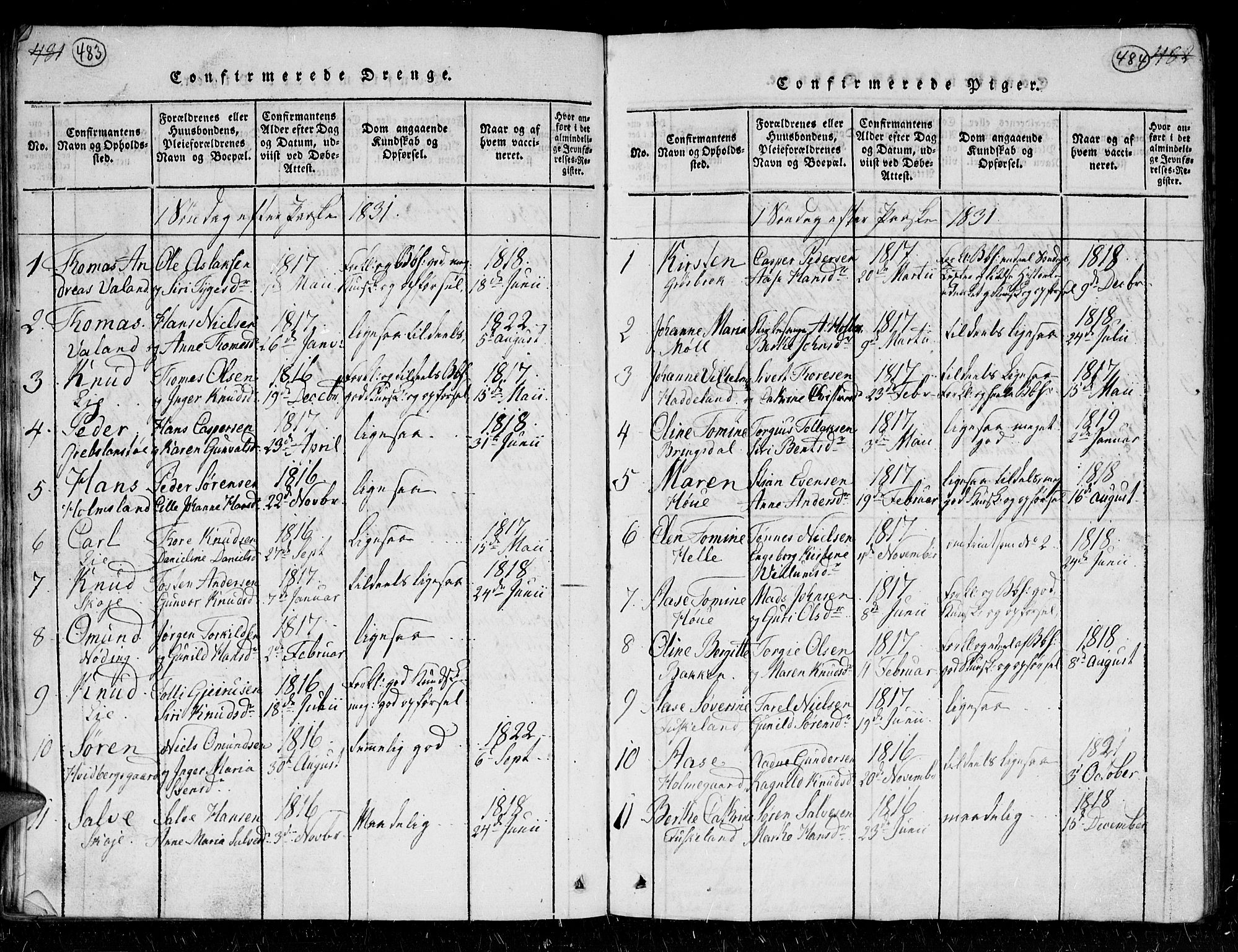 Holum sokneprestkontor, SAK/1111-0022/F/Fb/Fba/L0002: Parish register (copy) no. B 2, 1820-1849, p. 483-484