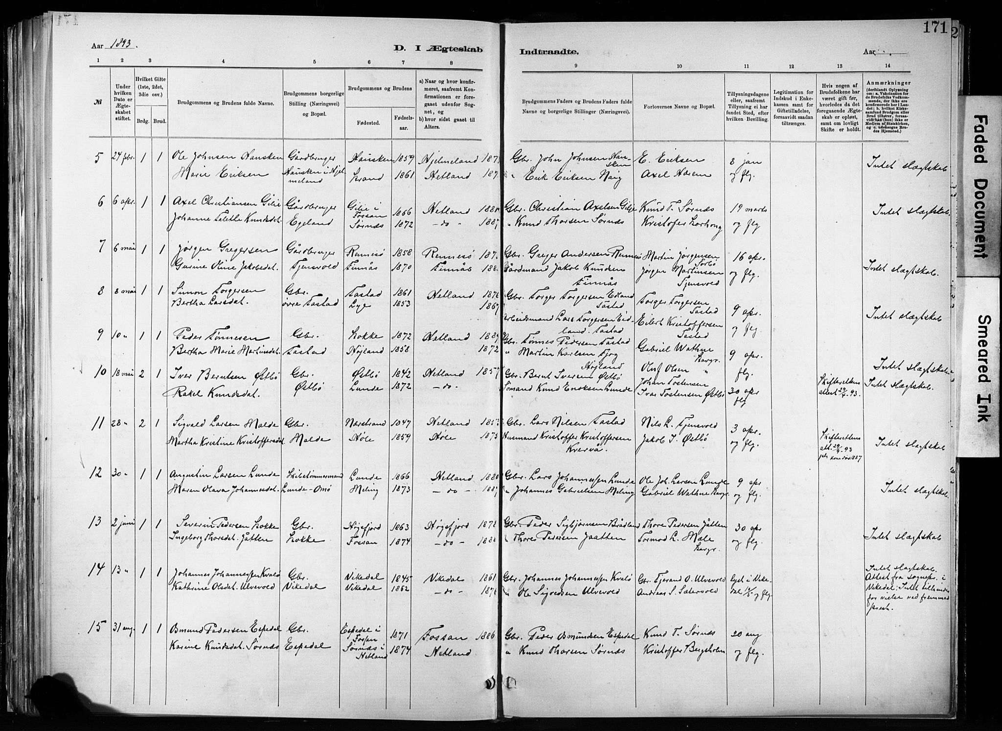 Hetland sokneprestkontor, SAST/A-101826/30/30BA/L0011: Parish register (official) no. A 11, 1884-1911, p. 171