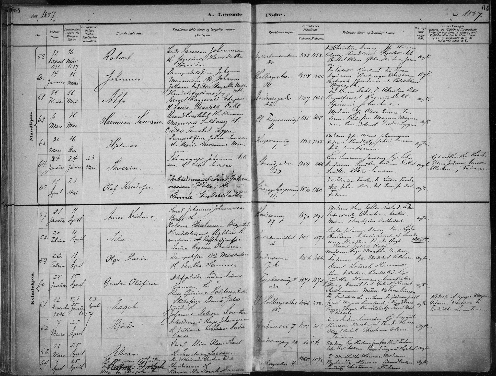 Nykirken Sokneprestembete, AV/SAB-A-77101/H/Haa/L0018: Parish register (official) no. B 6, 1895-1903, p. 64