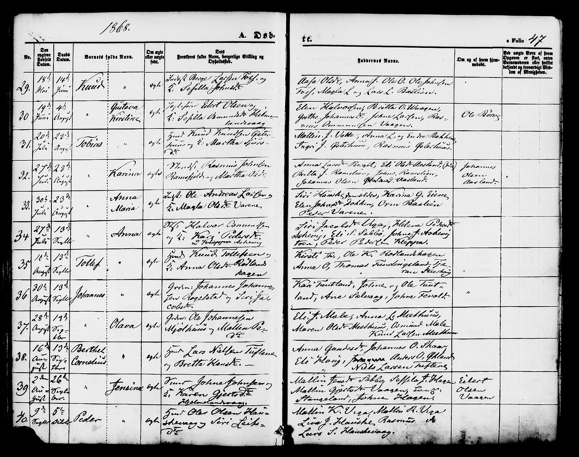 Hjelmeland sokneprestkontor, AV/SAST-A-101843/01/IV/L0011: Parish register (official) no. A 11, 1861-1878, p. 47