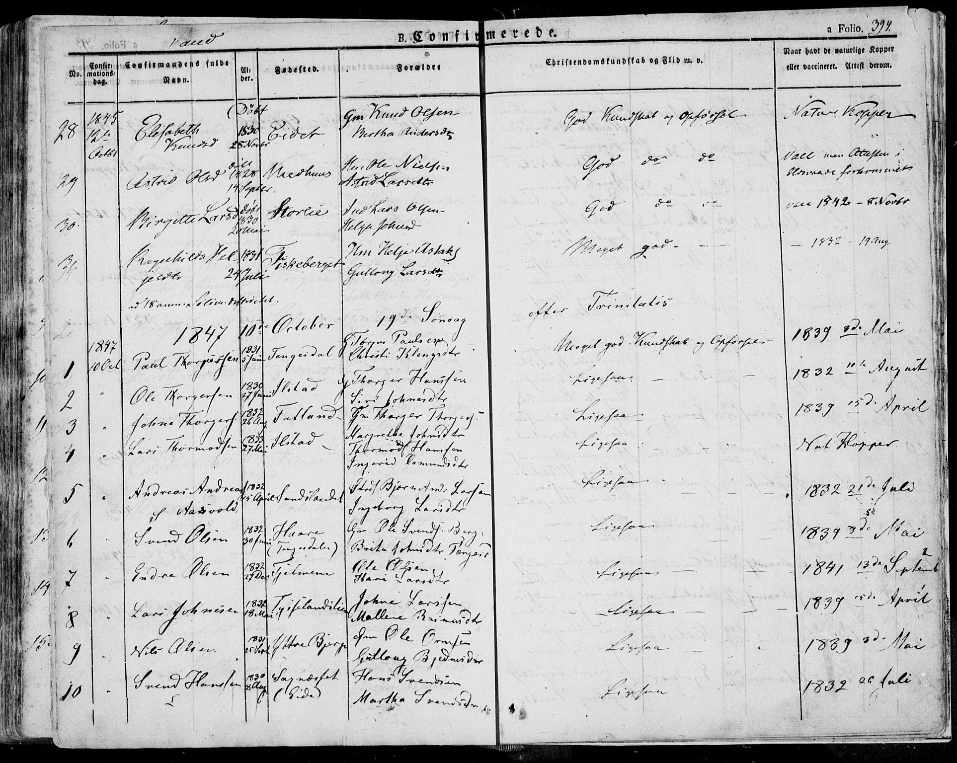 Jelsa sokneprestkontor, SAST/A-101842/01/IV: Parish register (official) no. A 6.1, 1828-1853, p. 394