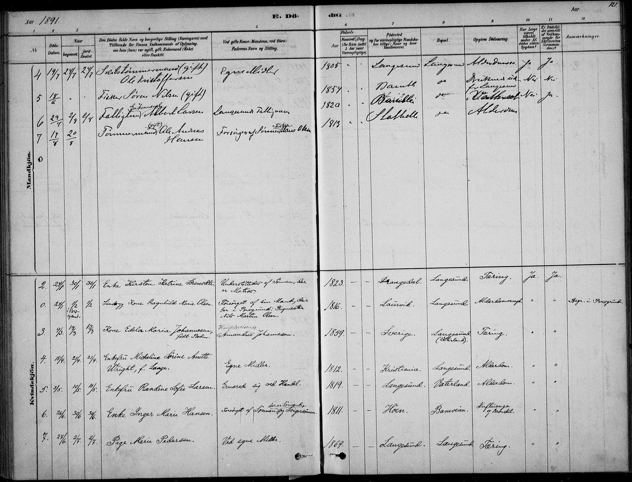 Langesund kirkebøker, SAKO/A-280/F/Fa/L0002: Parish register (official) no. 2, 1878-1892, p. 121