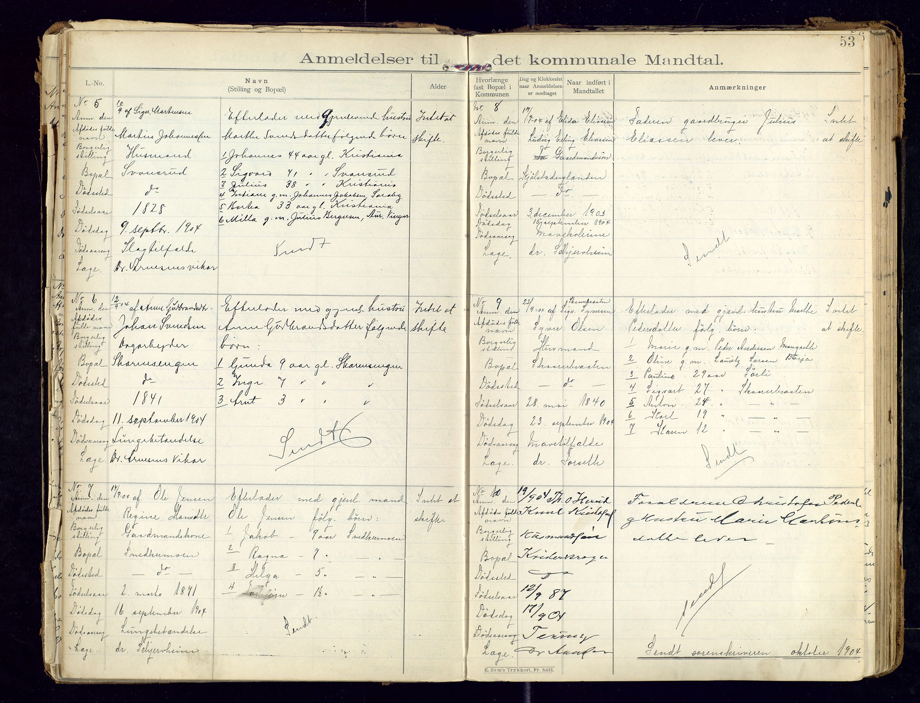 Sør-Odal lensmannskontor, AV/SAH-LHS-022/H/Hb/L0001/0002: Protokoller over anmeldte dødsfall / Protokoll over anmeldte dødsfall, 1901-1913, p. 53