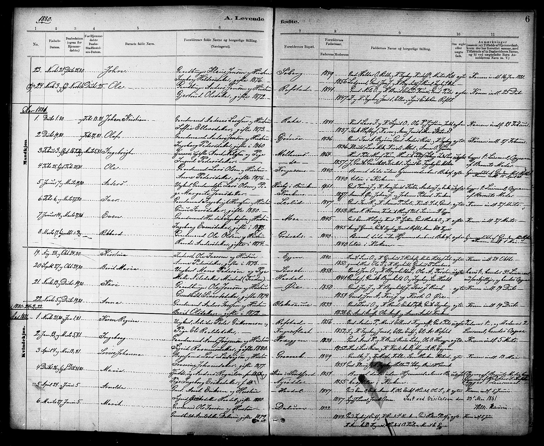 Ministerialprotokoller, klokkerbøker og fødselsregistre - Sør-Trøndelag, SAT/A-1456/691/L1094: Parish register (copy) no. 691C05, 1879-1911, p. 6