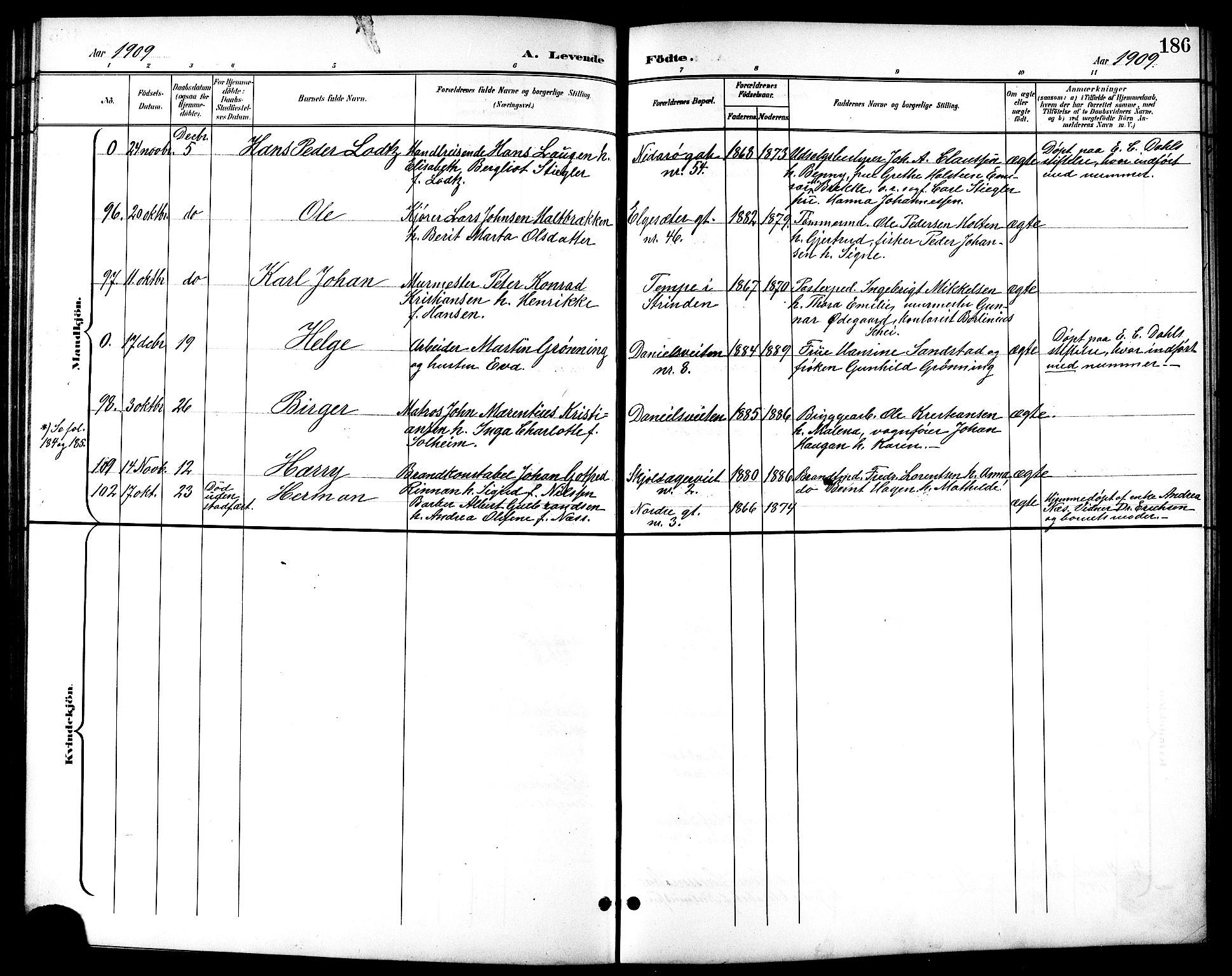 Ministerialprotokoller, klokkerbøker og fødselsregistre - Sør-Trøndelag, SAT/A-1456/601/L0094: Parish register (copy) no. 601C12, 1898-1911, p. 186