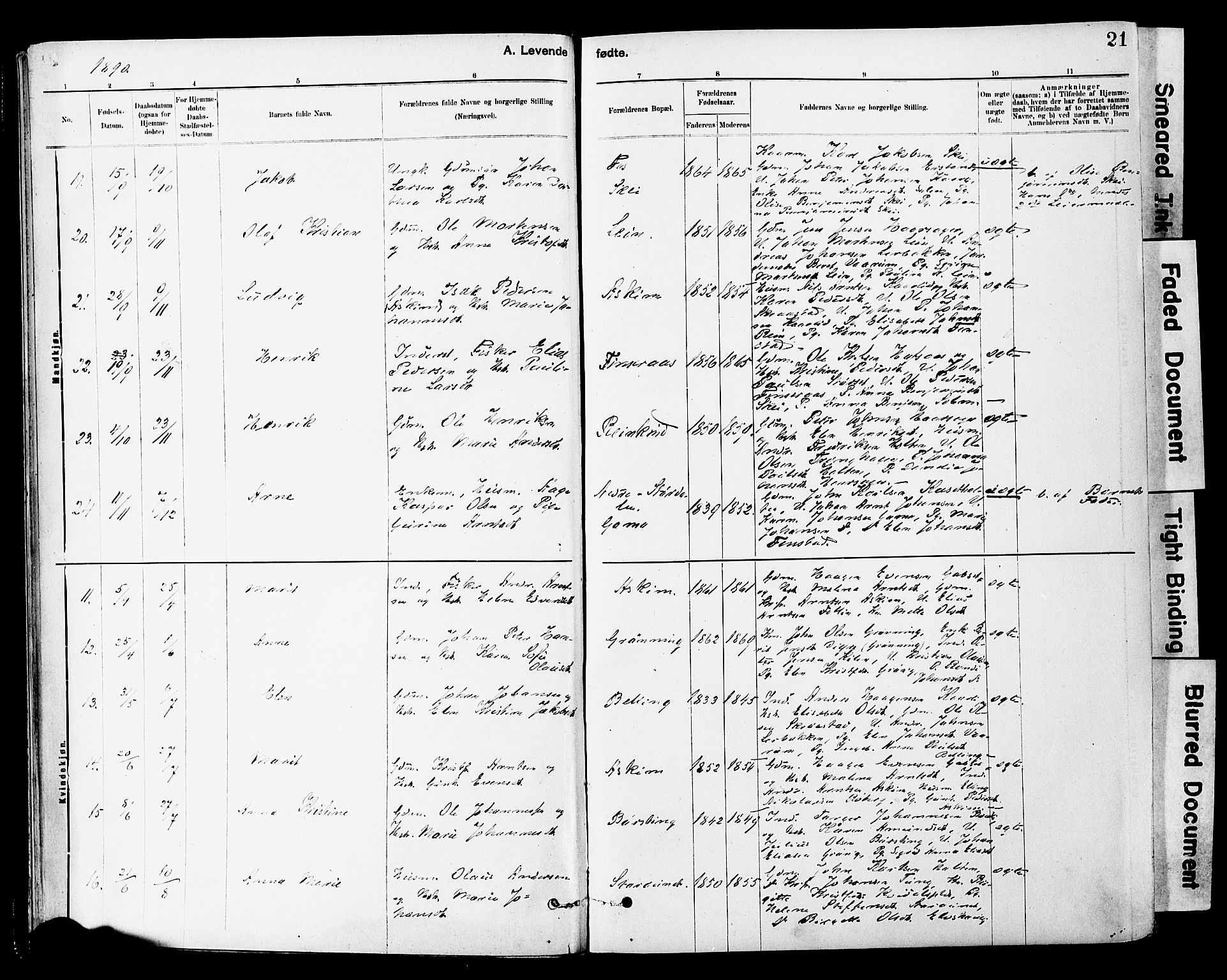 Ministerialprotokoller, klokkerbøker og fødselsregistre - Sør-Trøndelag, AV/SAT-A-1456/646/L0615: Parish register (official) no. 646A13, 1885-1900, p. 21