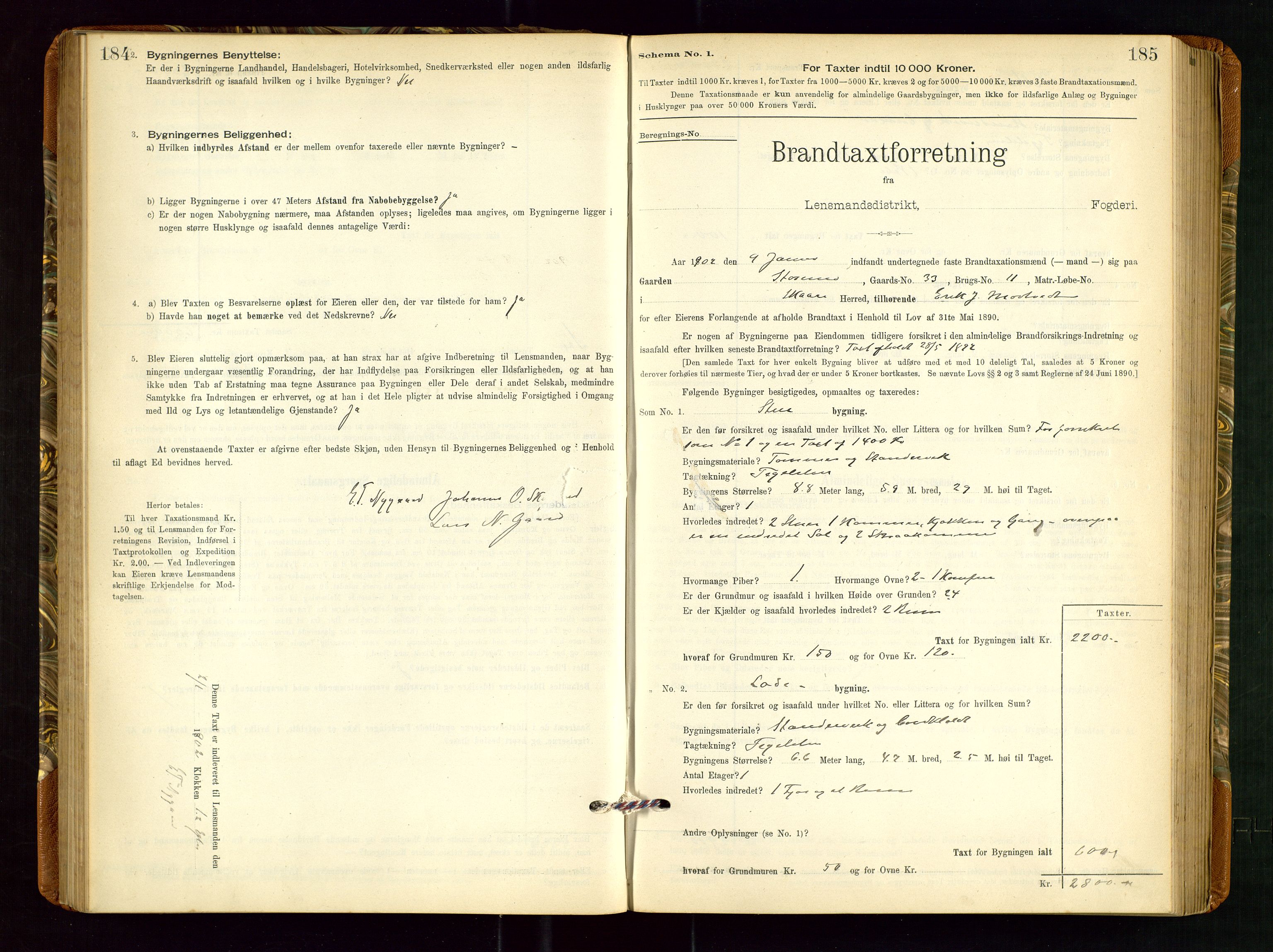 Torvestad lensmannskontor, SAST/A-100307/1/Gob/L0002: "Brandtakstprotokol for Lensmanden i Torvestad", 1900-1905, p. 184-185