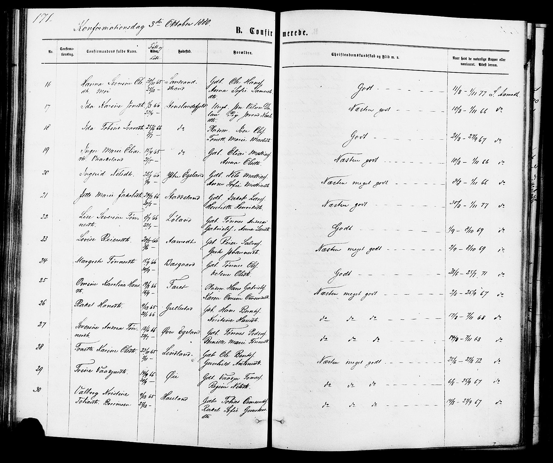 Kvinesdal sokneprestkontor, AV/SAK-1111-0026/F/Fa/Fab/L0007: Parish register (official) no. A 7, 1870-1885, p. 171