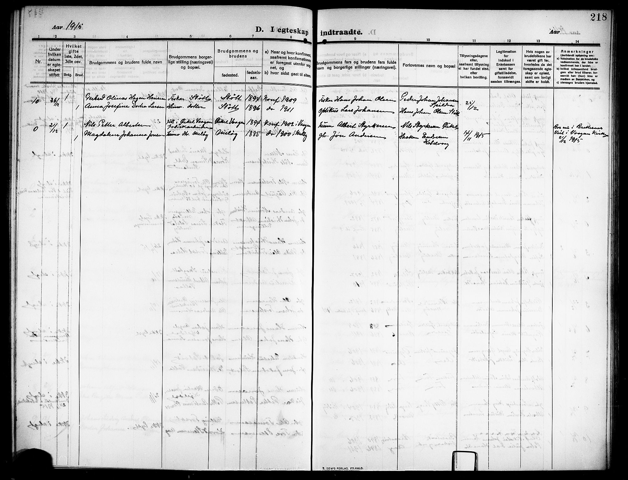 Ministerialprotokoller, klokkerbøker og fødselsregistre - Nordland, SAT/A-1459/843/L0639: Parish register (copy) no. 843C08, 1908-1924, p. 218