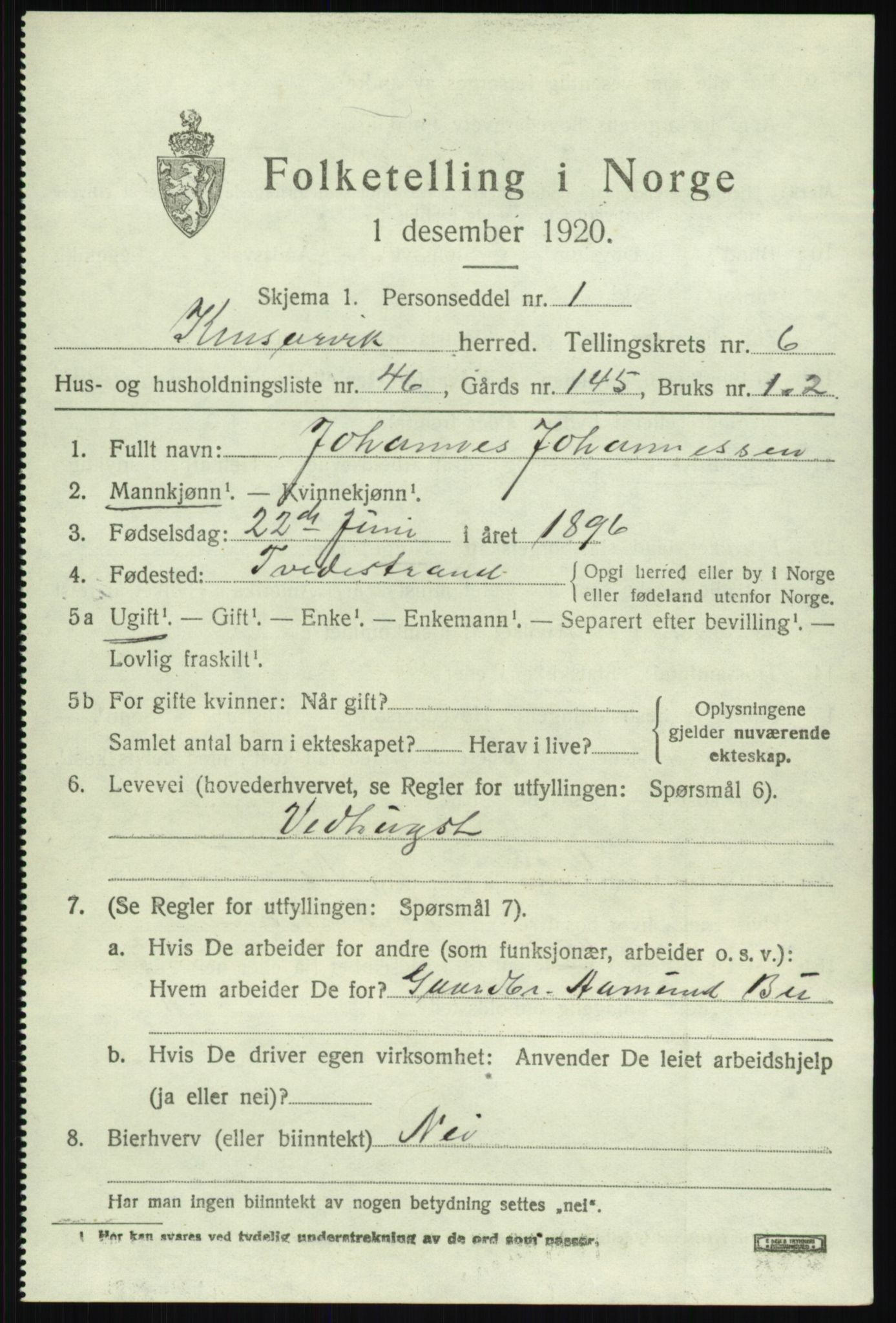 SAB, 1920 census for Kinsarvik, 1920, p. 3584