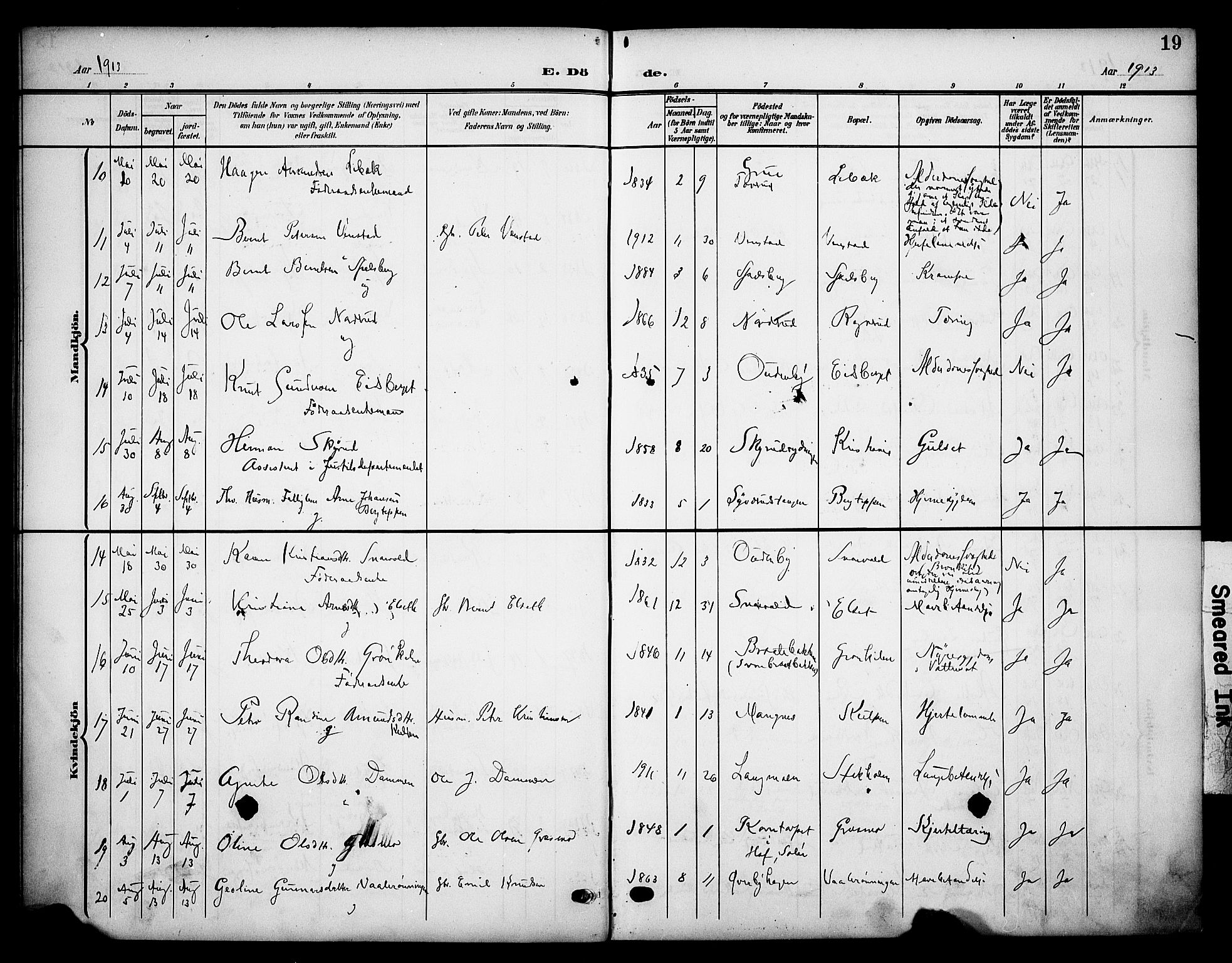 Våler prestekontor, Hedmark, AV/SAH-PREST-040/H/Ha/Haa/L0007: Parish register (official) no. 7, 1908-1919, p. 19