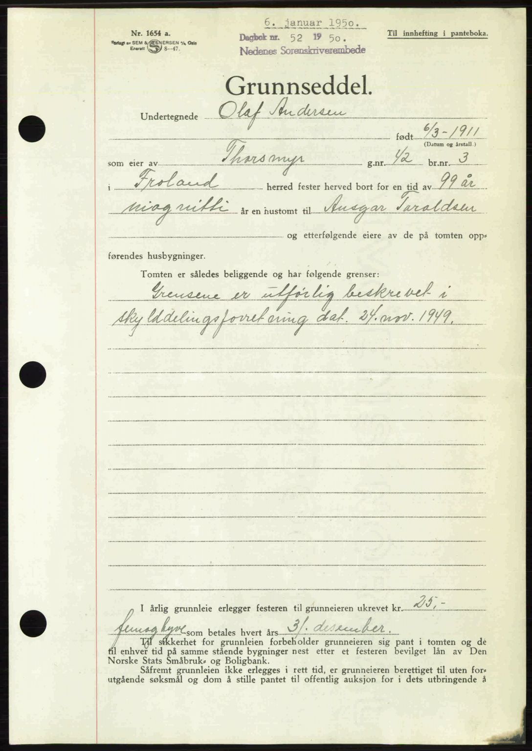 Nedenes sorenskriveri, SAK/1221-0006/G/Gb/Gba/L0062: Mortgage book no. A14, 1949-1950, Diary no: : 52/1950