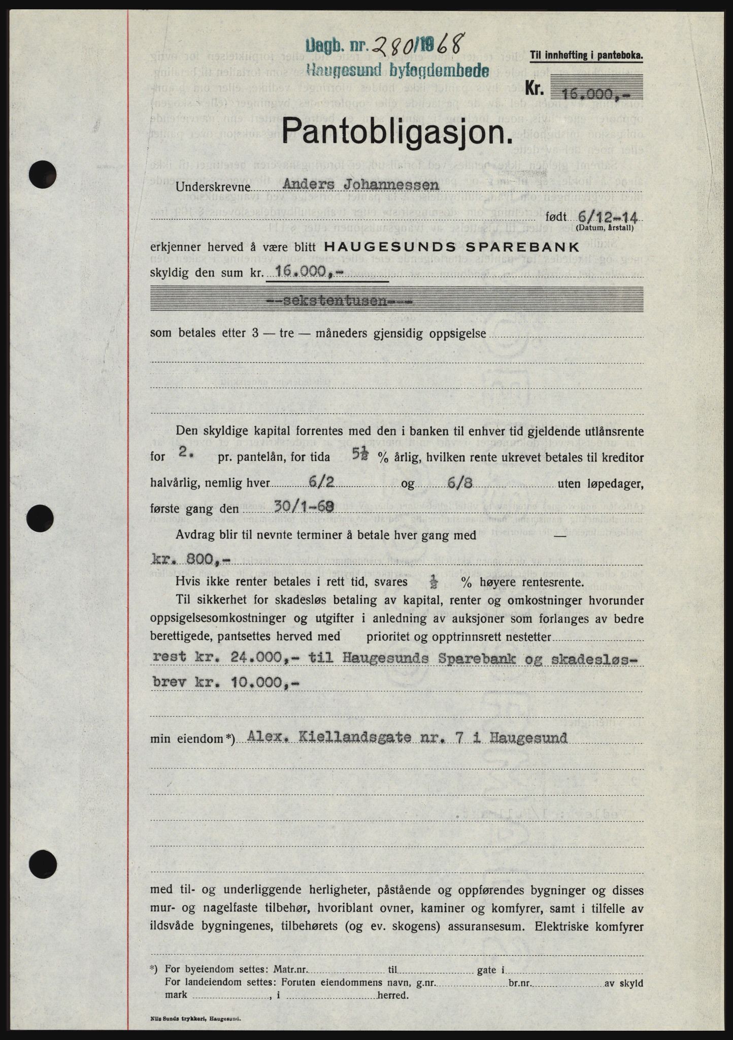 Haugesund tingrett, SAST/A-101415/01/II/IIC/L0058: Mortgage book no. B 58, 1967-1968, Diary no: : 280/1968