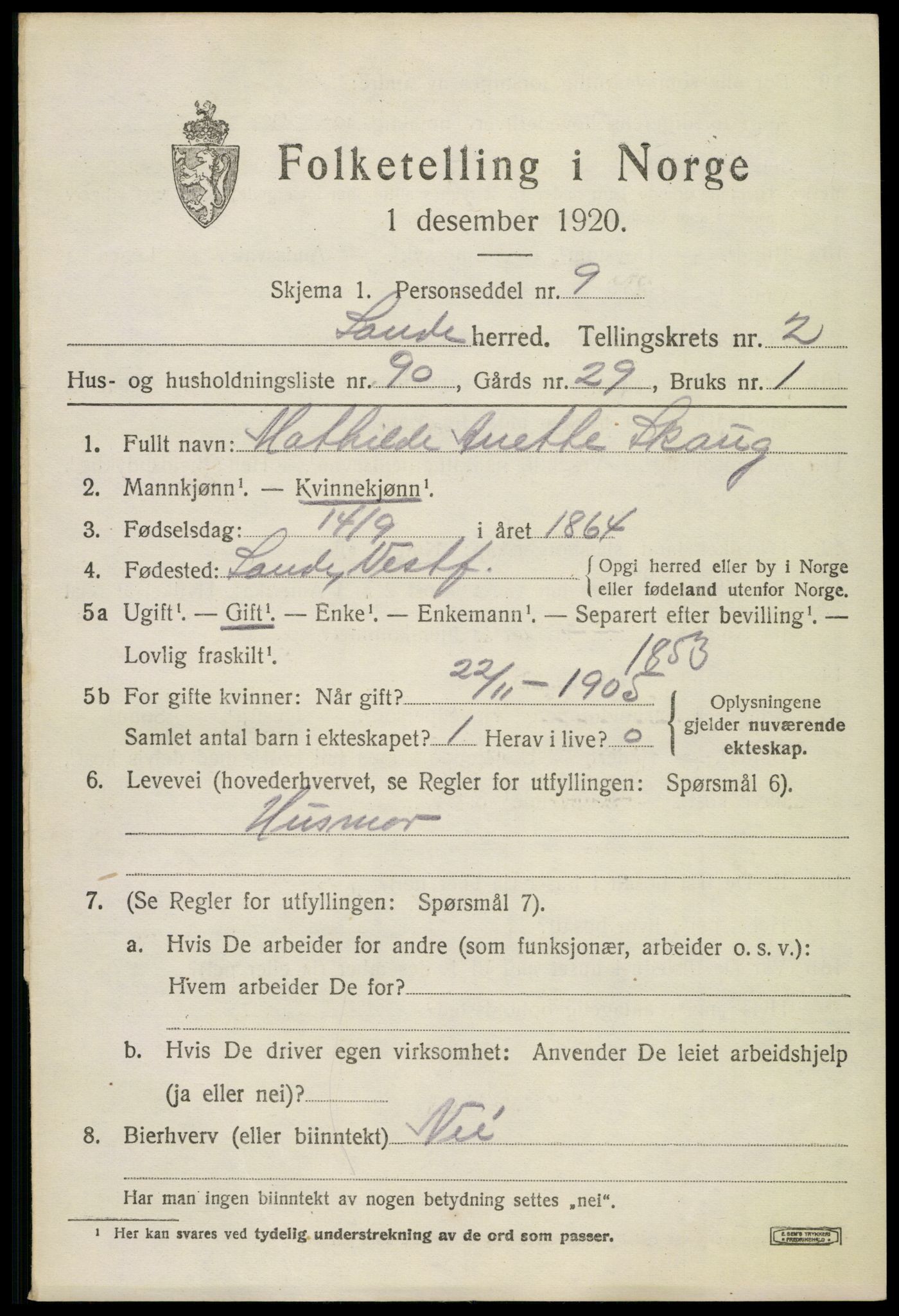 SAKO, 1920 census for Sande, 1920, p. 3412