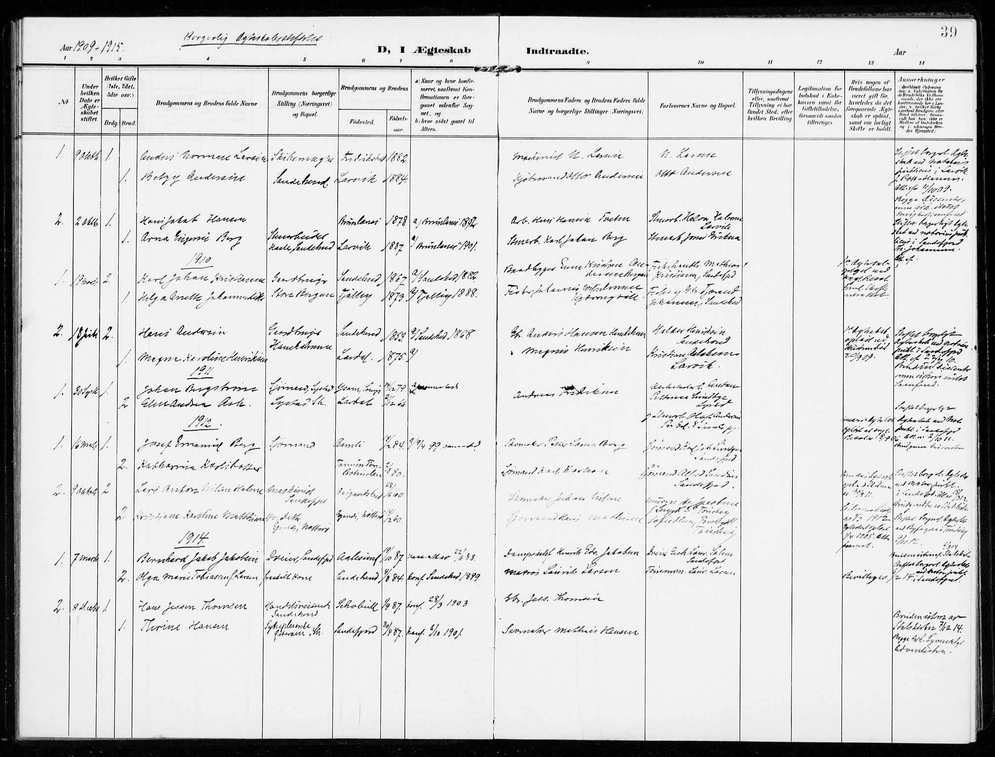 Sandar kirkebøker, SAKO/A-243/F/Fa/L0019: Parish register (official) no. 19, 1908-1914, p. 39