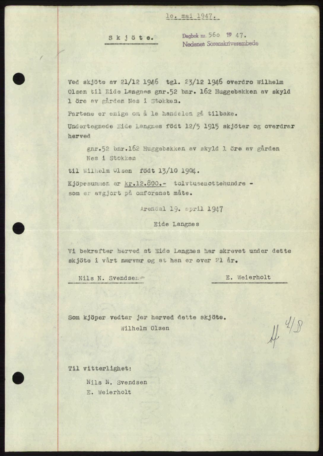 Nedenes sorenskriveri, SAK/1221-0006/G/Gb/Gba/L0057: Mortgage book no. A9, 1947-1947, Diary no: : 560/1947