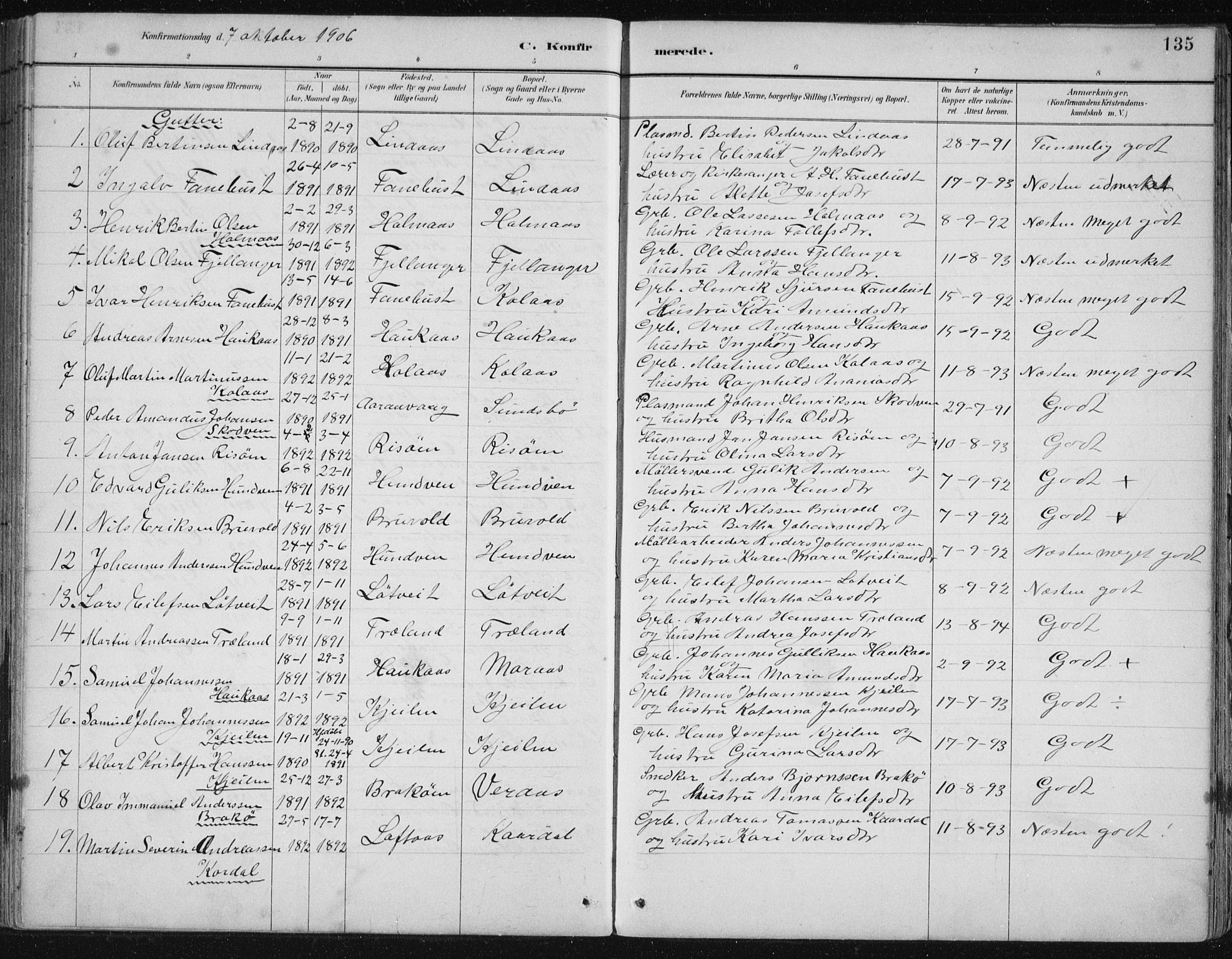 Lindås Sokneprestembete, SAB/A-76701/H/Hab: Parish register (copy) no. B 3, 1886-1914, p. 135