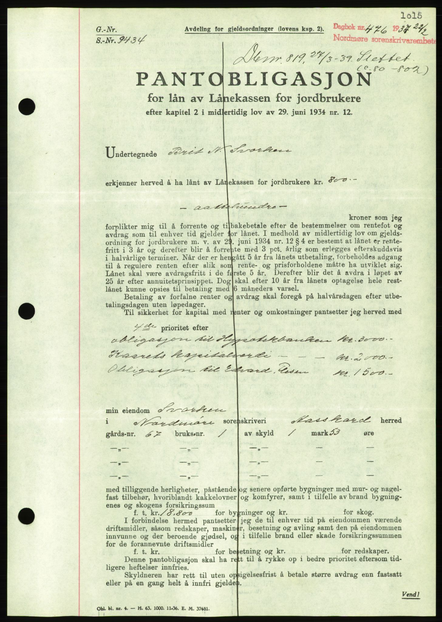 Nordmøre sorenskriveri, AV/SAT-A-4132/1/2/2Ca/L0090: Mortgage book no. B80, 1936-1937, Diary no: : 476/1937