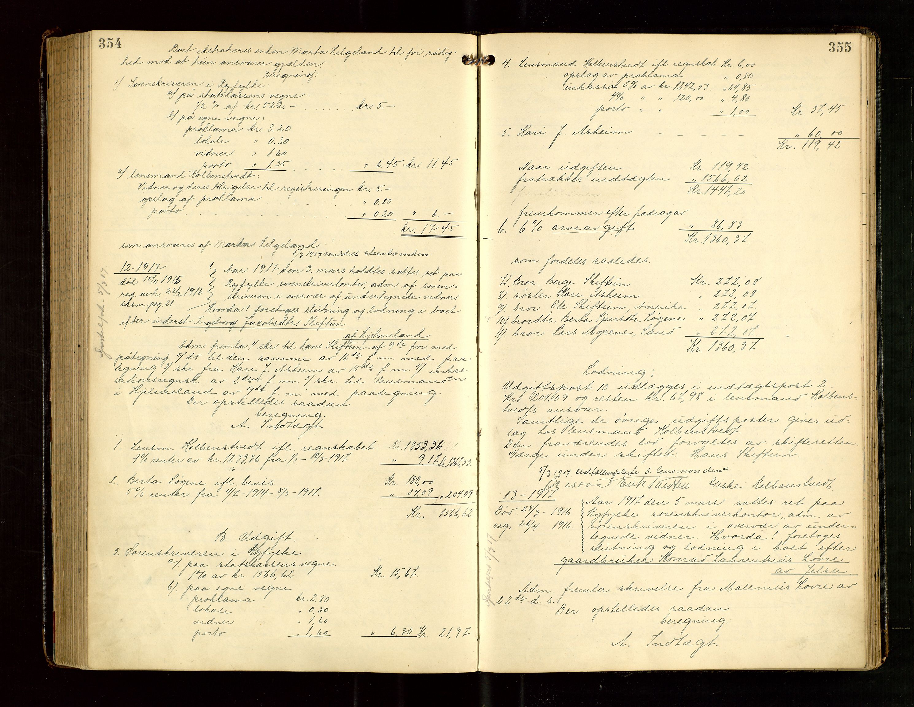 Ryfylke tingrett, AV/SAST-A-100055/001/IV/IVG/L0004: Skifteutlodningsprotokoll Med register, 1912-1918, p. 354-355