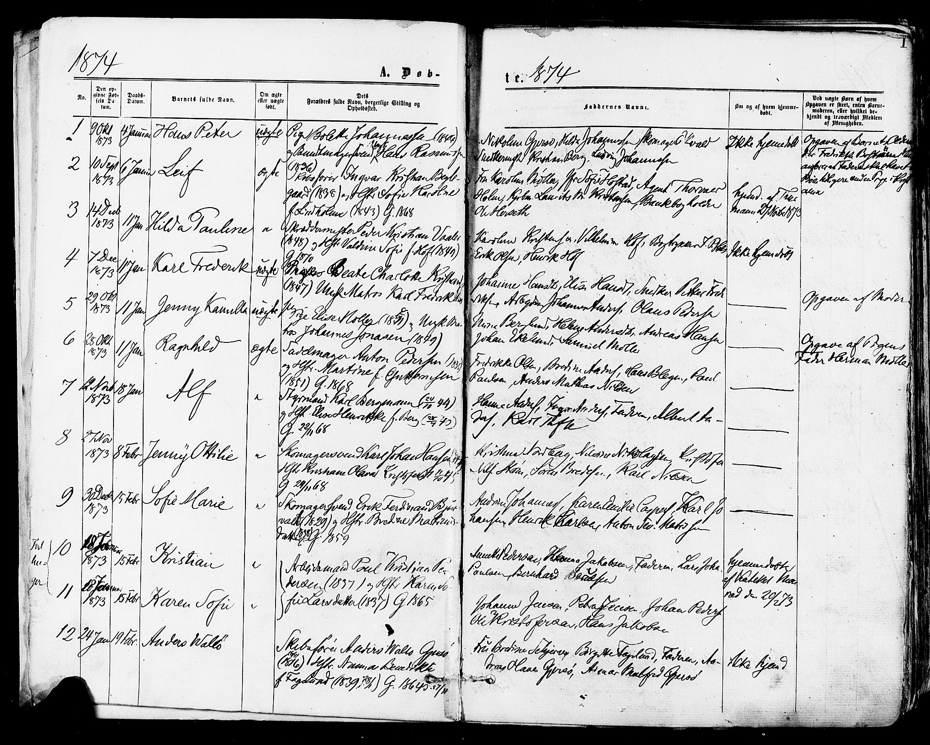 Tønsberg kirkebøker, AV/SAKO-A-330/F/Fa/L0010: Parish register (official) no. I 10, 1874-1880, p. 1