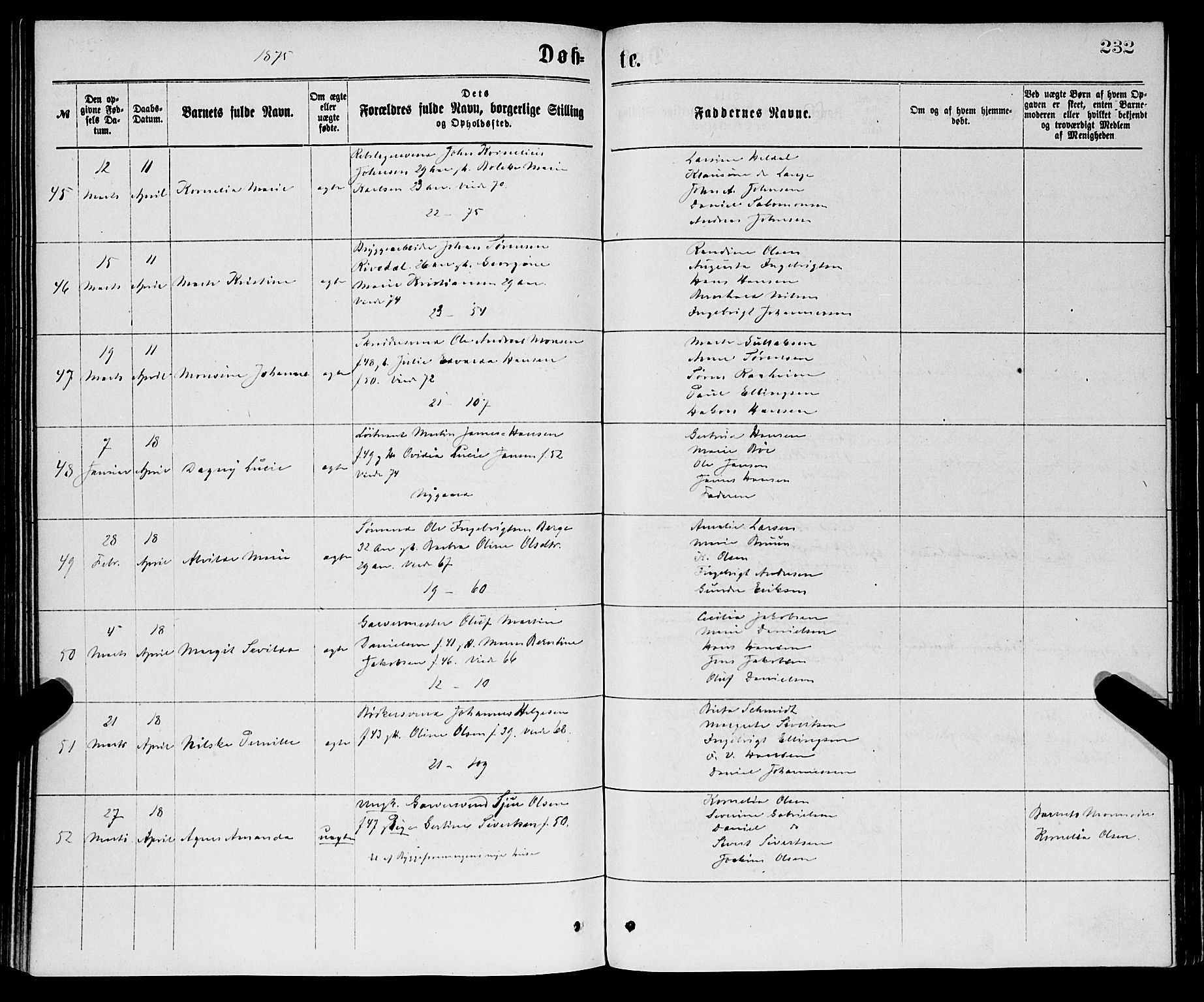 Korskirken sokneprestembete, AV/SAB-A-76101/H/Haa/L0020: Parish register (official) no. B 6, 1871-1878, p. 232