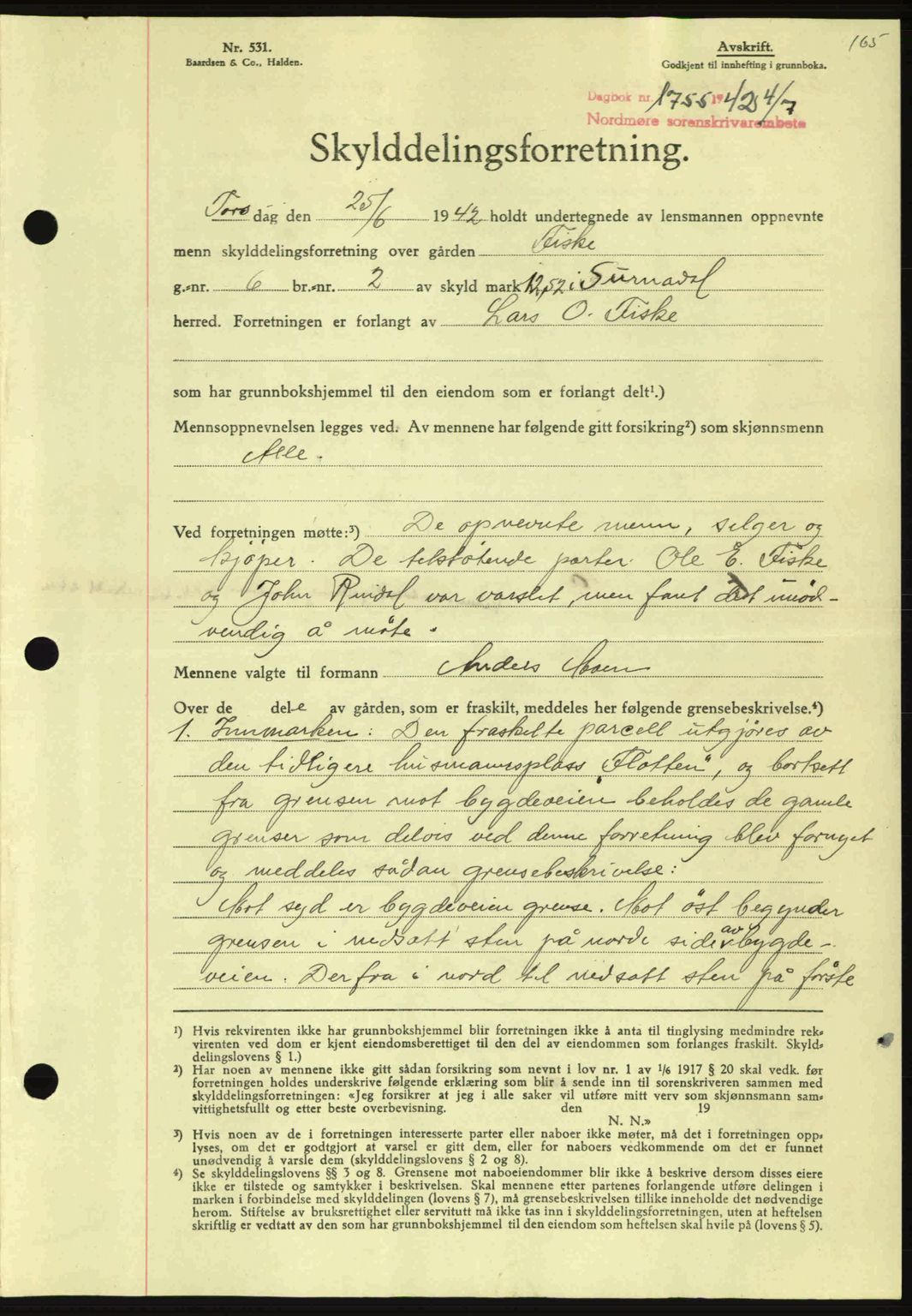 Nordmøre sorenskriveri, AV/SAT-A-4132/1/2/2Ca: Mortgage book no. A93, 1942-1942, Diary no: : 1755/1942