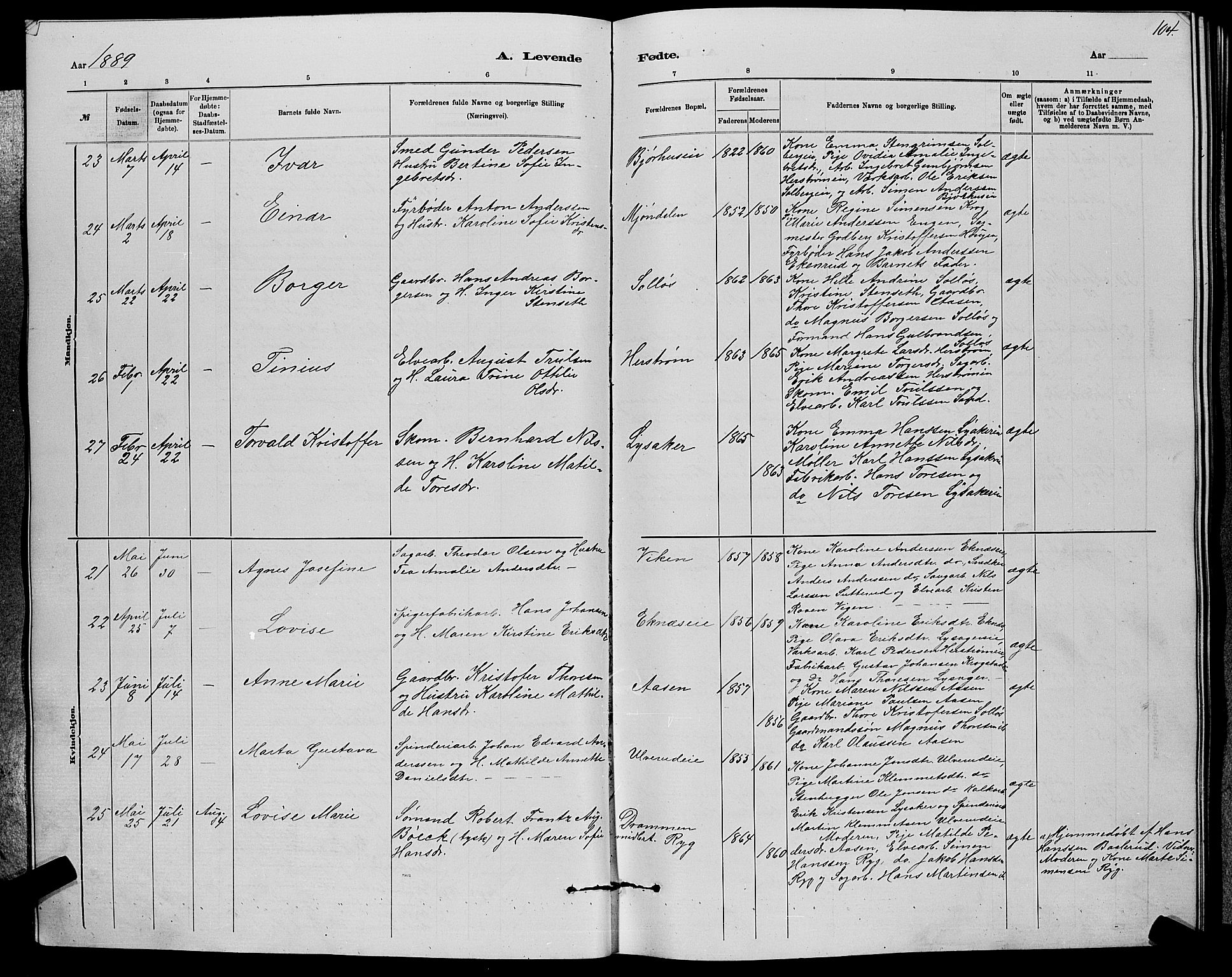 Nedre Eiker kirkebøker, AV/SAKO-A-612/G/Ga/L0002: Parish register (copy) no. 2, 1880-1896, p. 104