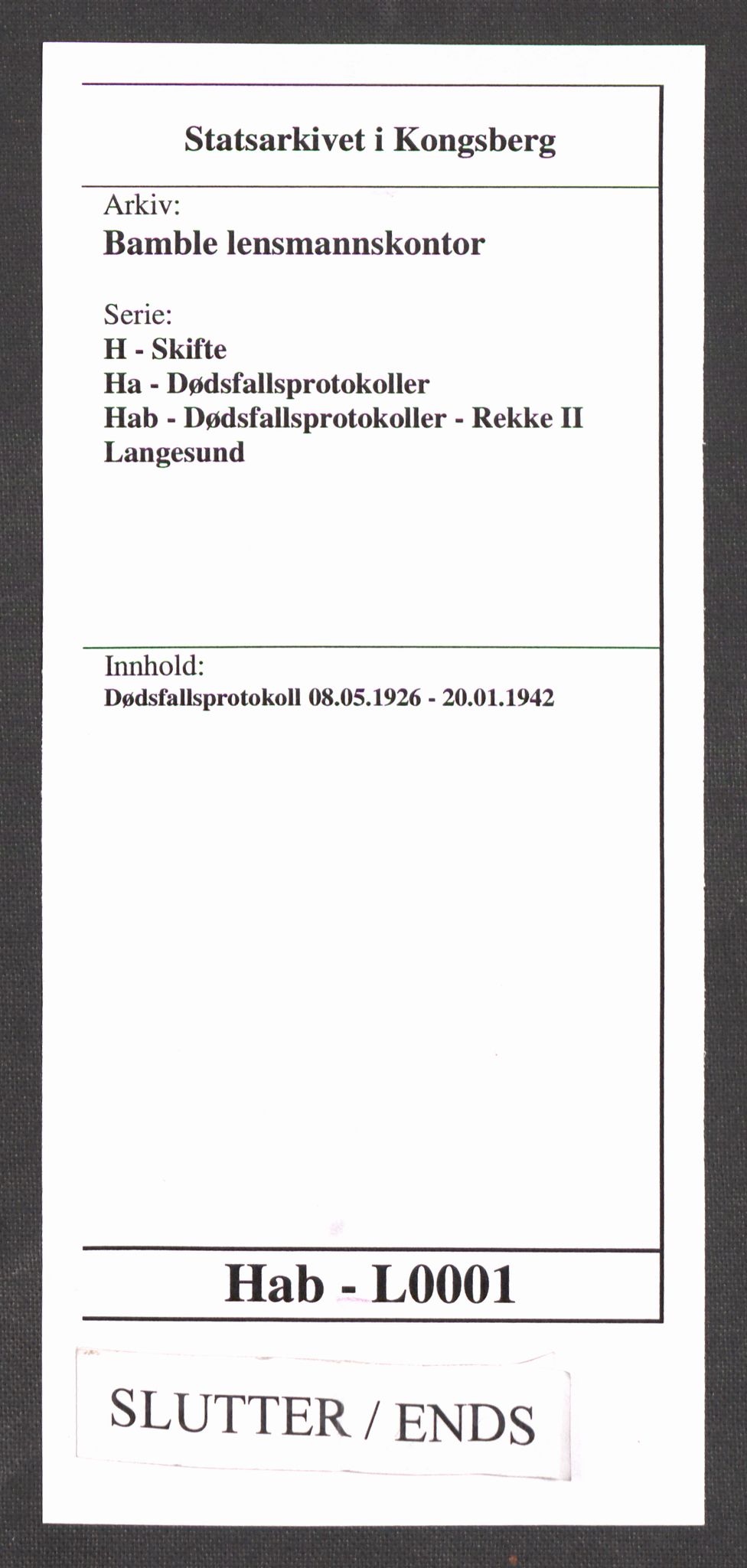 Bamble lensmannskontor, SAKO/A-552/H/Ha/Hab/L0001: Dødsfallsprotokoll, 1926-1942