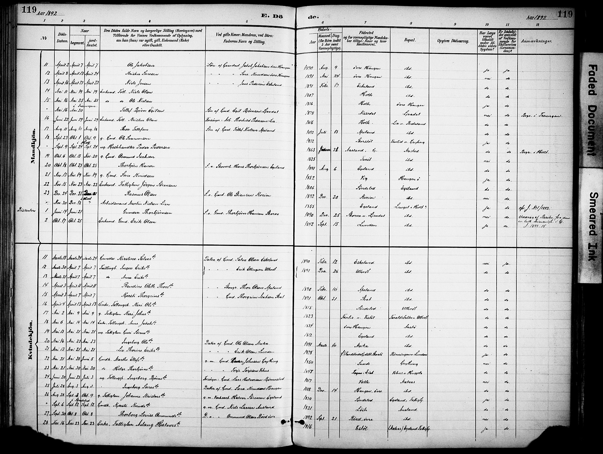 Gjerstad sokneprestkontor, AV/SAK-1111-0014/F/Fa/Faa/L0010: Parish register (official) no. A 10, 1891-1902, p. 119