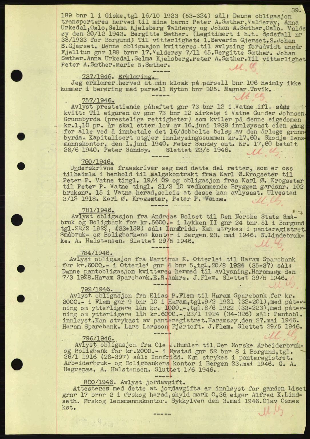 Nordre Sunnmøre sorenskriveri, SAT/A-0006/1/2/2C/2Ca: Mortgage book no. B6-14 a, 1942-1945, Diary no: : 737/1946