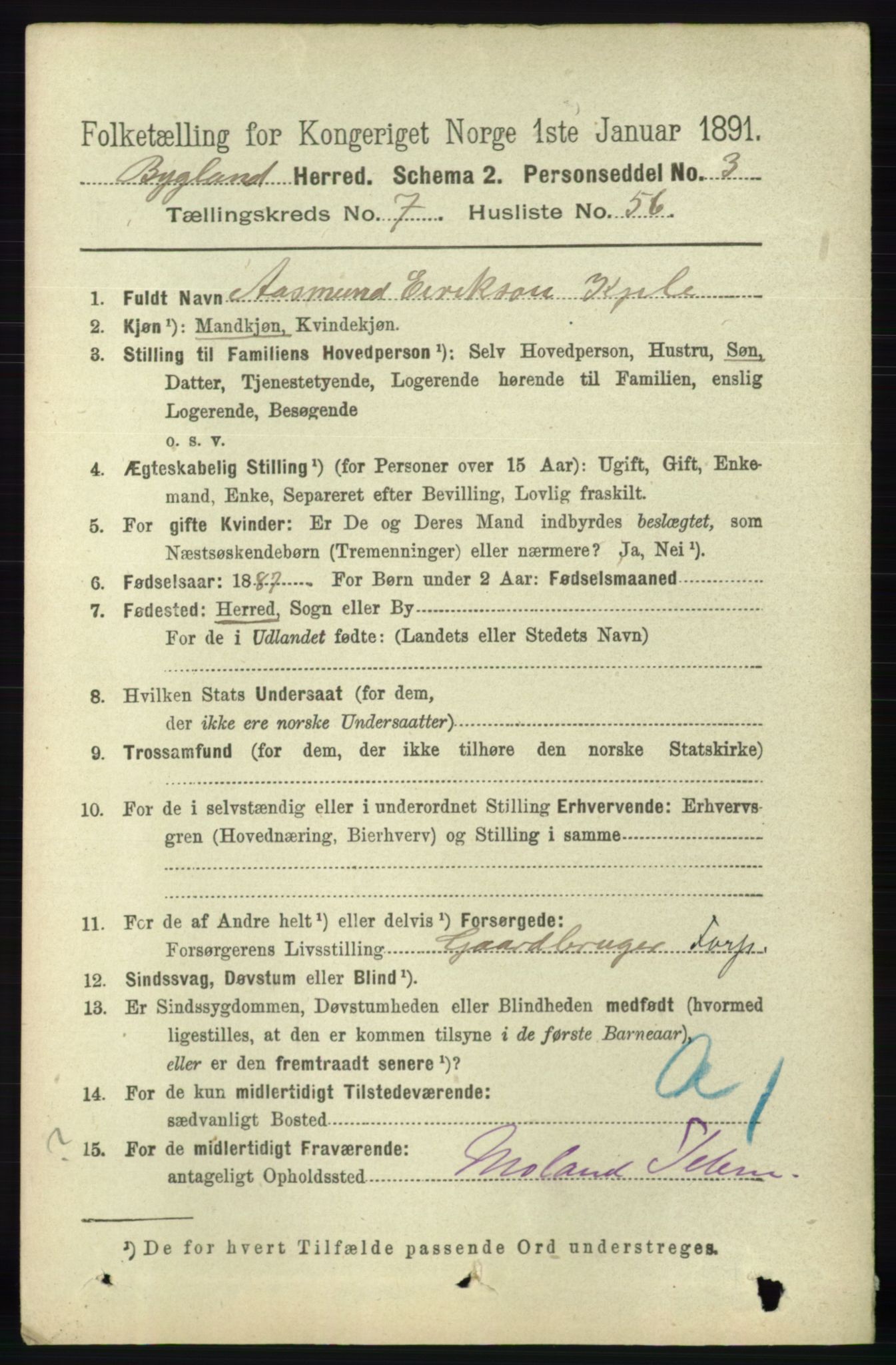 RA, 1891 census for 0938 Bygland, 1891, p. 1866