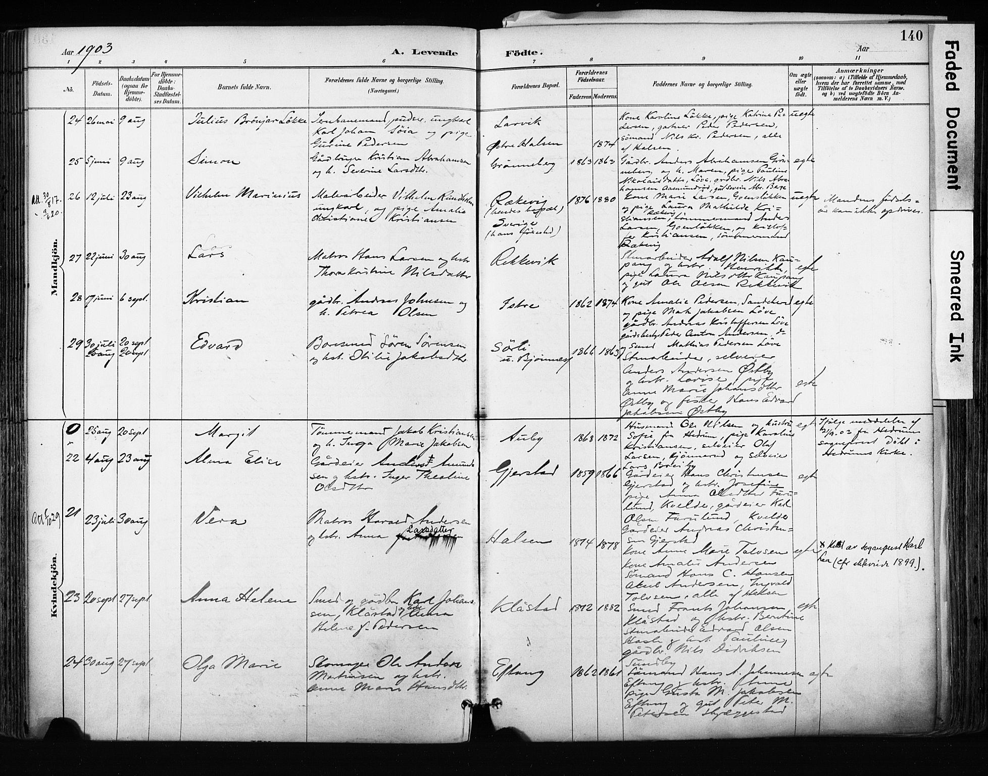 Tjølling kirkebøker, AV/SAKO-A-60/F/Fa/L0009: Parish register (official) no. 9, 1887-1905, p. 140