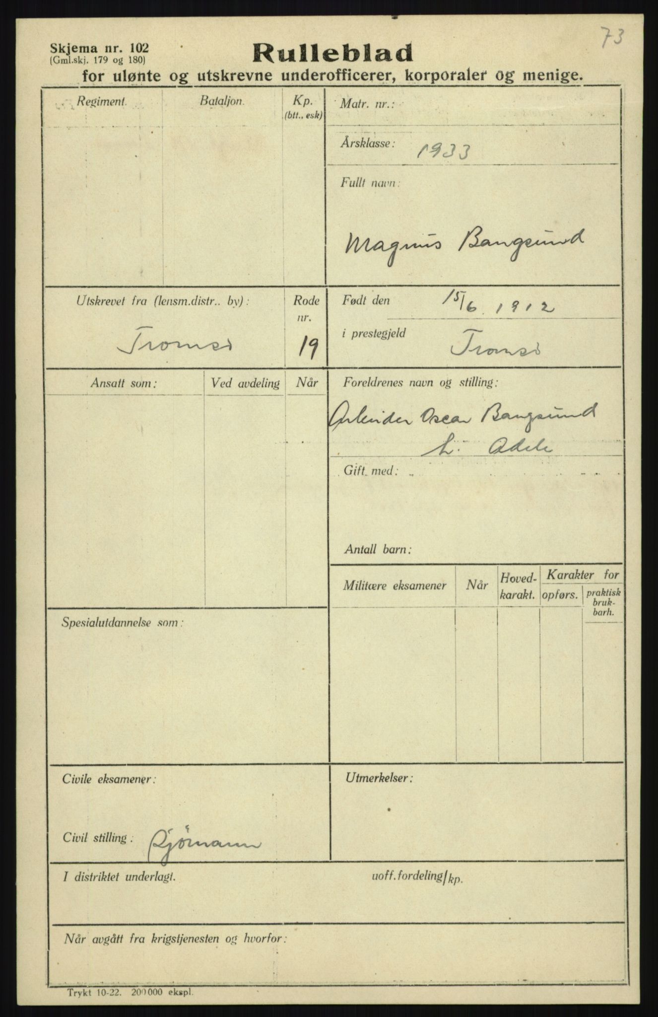 Forsvaret, Troms infanteriregiment nr. 16, AV/RA-RAFA-3146/P/Pa/L0017: Rulleblad for regimentets menige mannskaper, årsklasse 1933, 1933, p. 89