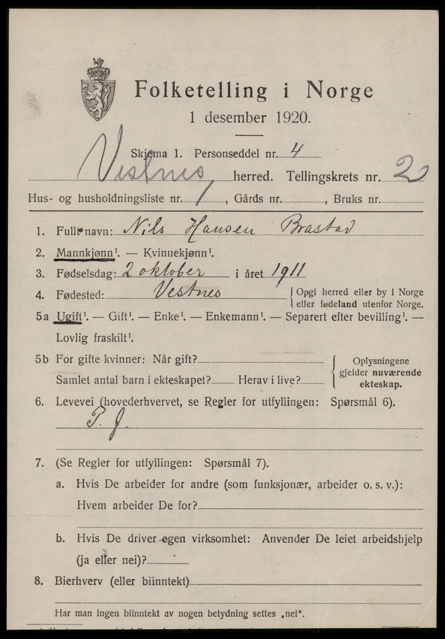 SAT, 1920 census for Vestnes, 1920, p. 1943