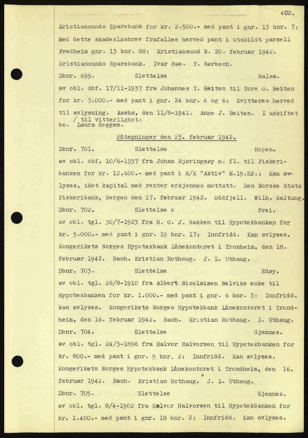 Nordmøre sorenskriveri, AV/SAT-A-4132/1/2/2Ca: Mortgage book no. C81, 1940-1945, Diary no: : 699/1942