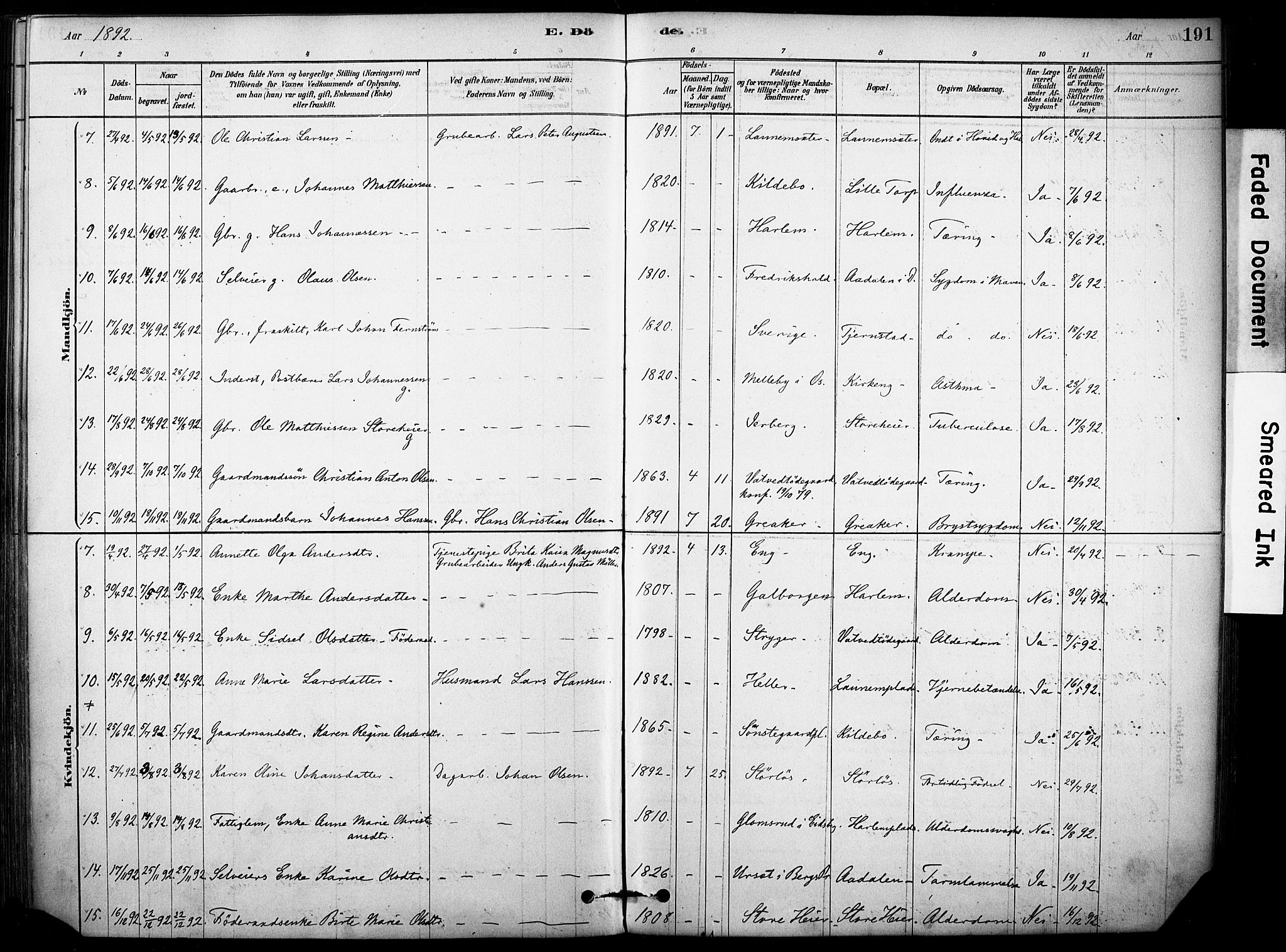 Rakkestad prestekontor Kirkebøker, AV/SAO-A-2008/F/Fb/L0001: Parish register (official) no. II 1, 1878-1899, p. 191