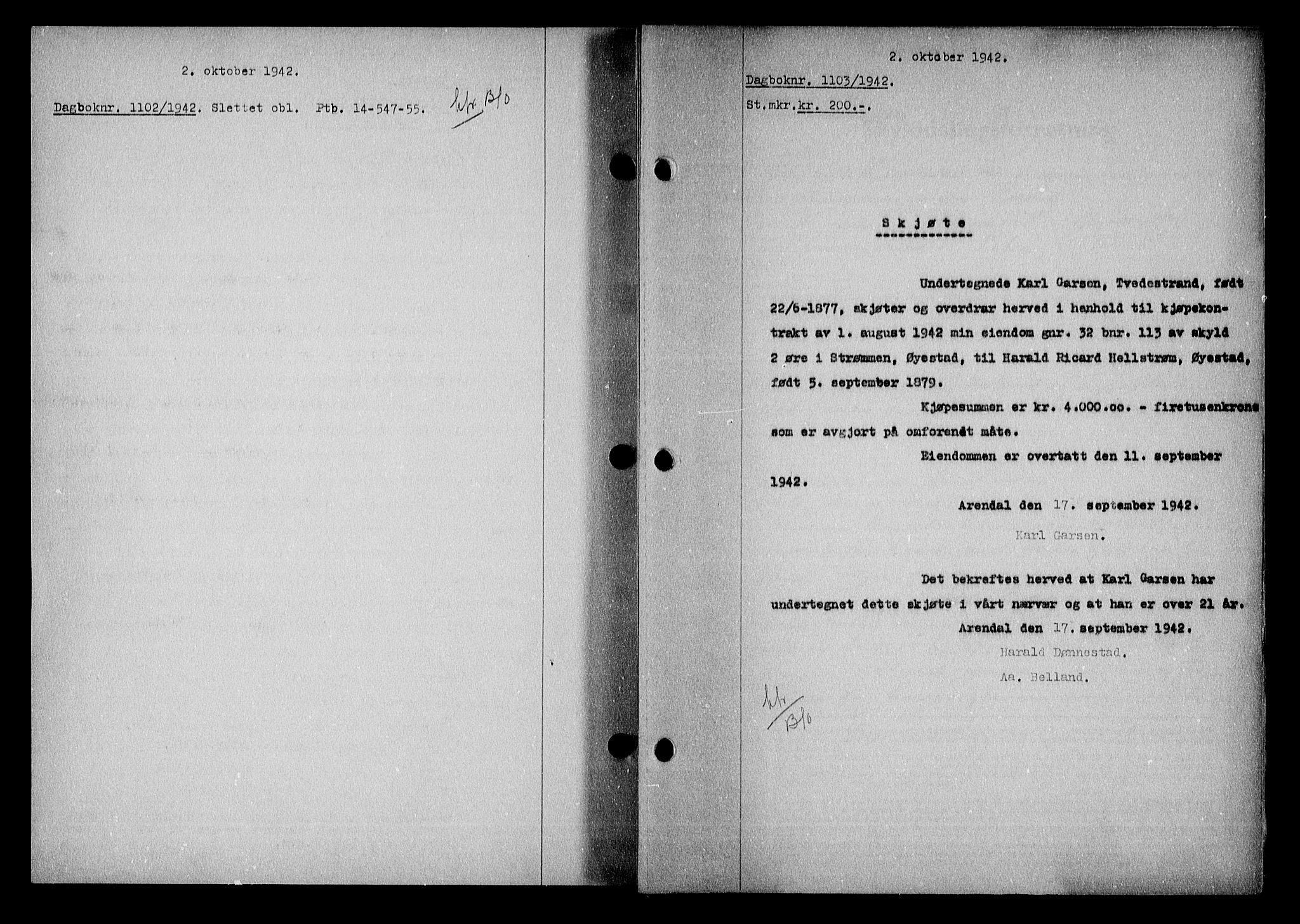 Nedenes sorenskriveri, SAK/1221-0006/G/Gb/Gba/L0050: Mortgage book no. A-IV, 1942-1943, Diary no: : 1103/1942