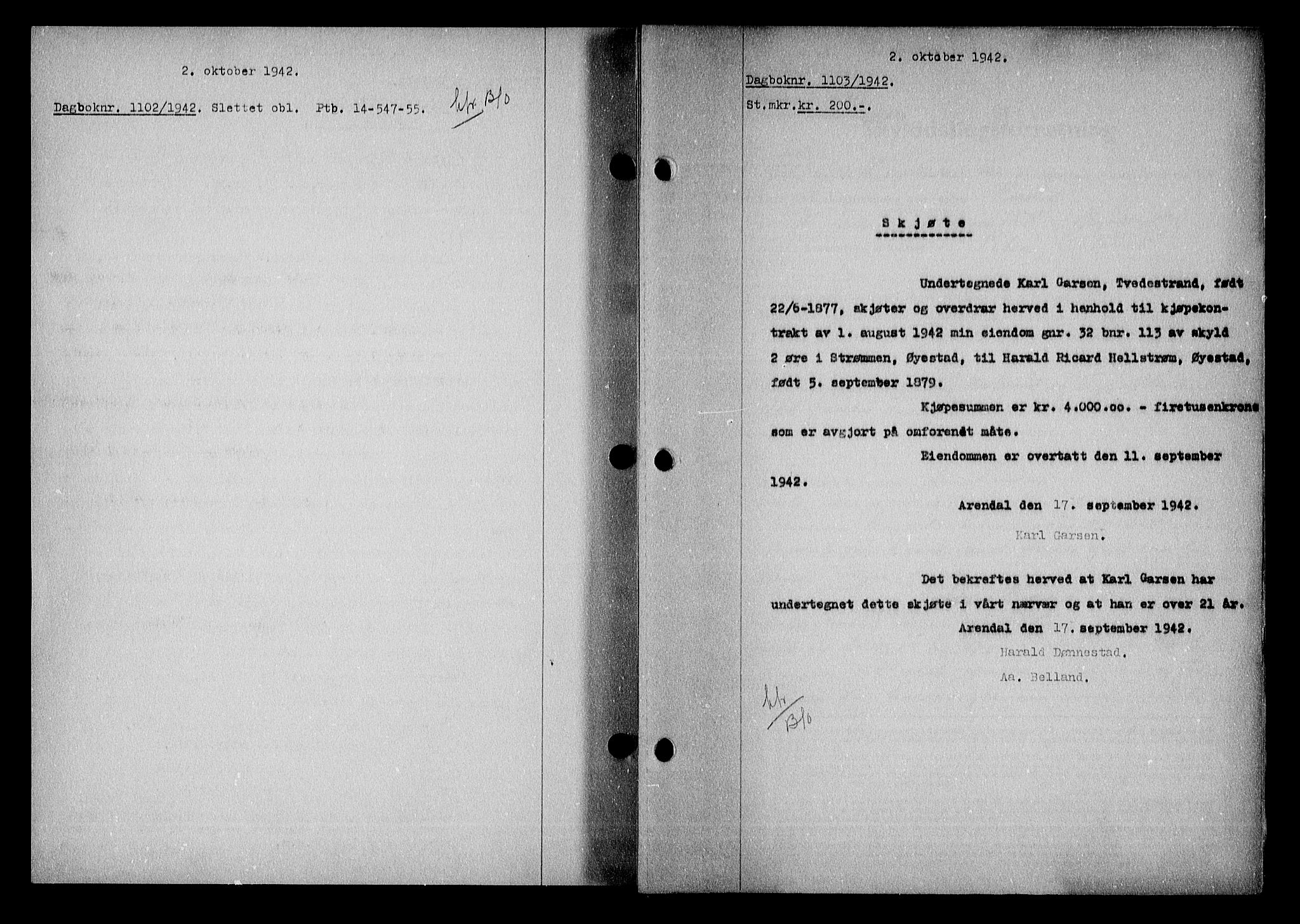 Nedenes sorenskriveri, AV/SAK-1221-0006/G/Gb/Gba/L0050: Mortgage book no. A-IV, 1942-1943, Diary no: : 1103/1942