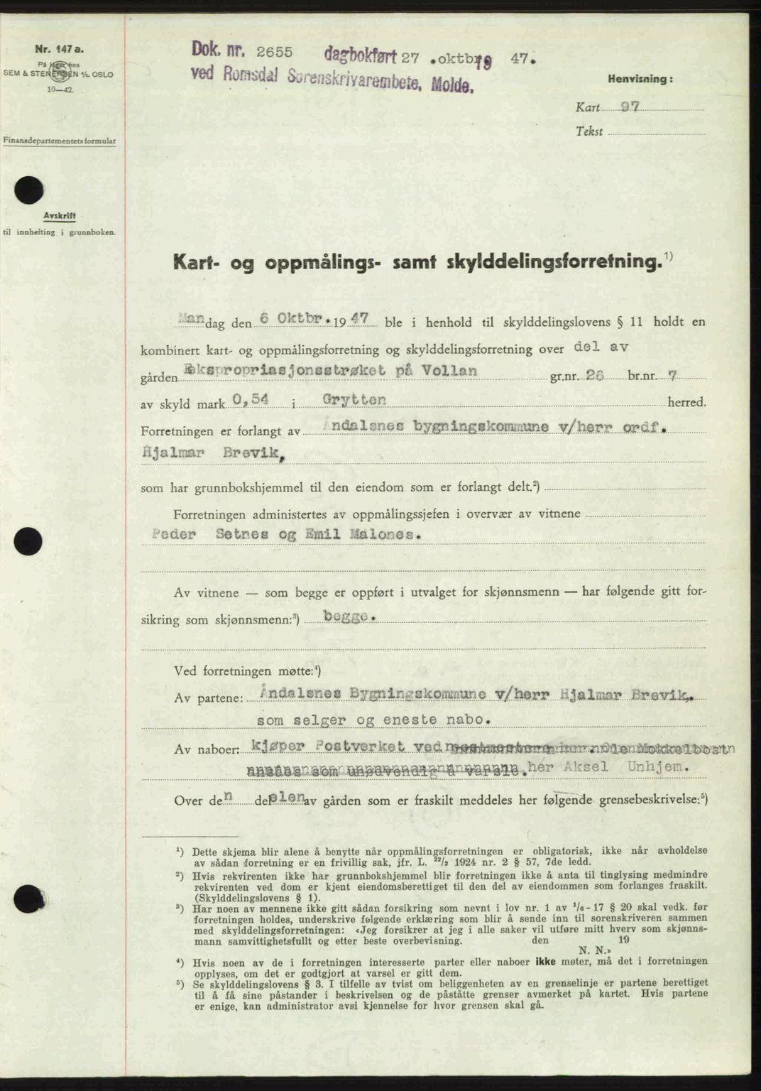 Romsdal sorenskriveri, SAT/A-4149/1/2/2C: Mortgage book no. A24, 1947-1947, Diary no: : 2655/1947