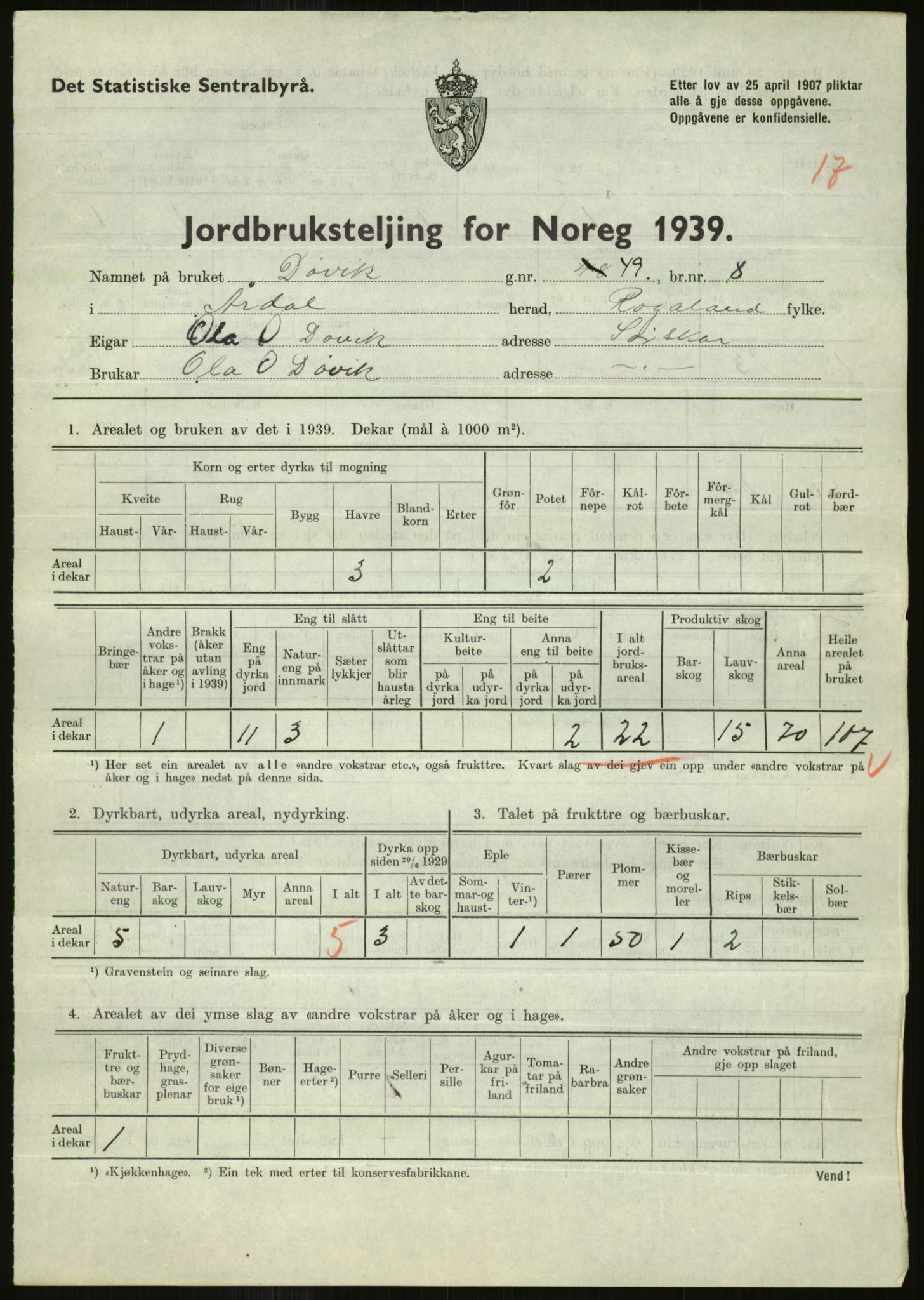 Statistisk sentralbyrå, Næringsøkonomiske emner, Jordbruk, skogbruk, jakt, fiske og fangst, AV/RA-S-2234/G/Gb/L0184: Rogaland: Årdal, Fister og Hjelmeland, 1939, p. 601