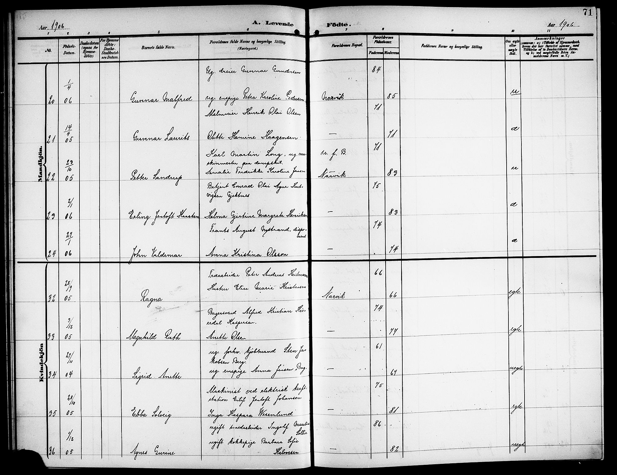 Ministerialprotokoller, klokkerbøker og fødselsregistre - Nordland, AV/SAT-A-1459/871/L1012: Parish register (copy) no. 871C01, 1902-1909, p. 71