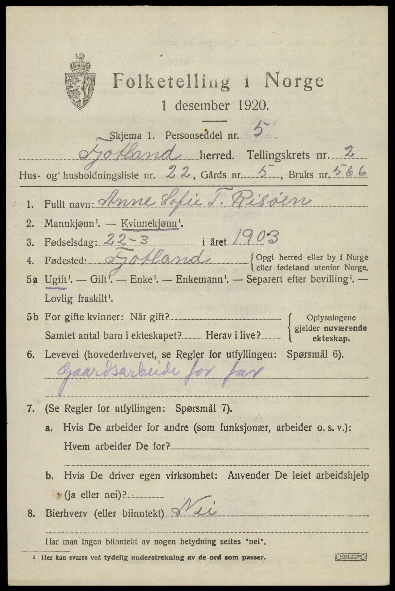 SAK, 1920 census for Fjotland, 1920, p. 926
