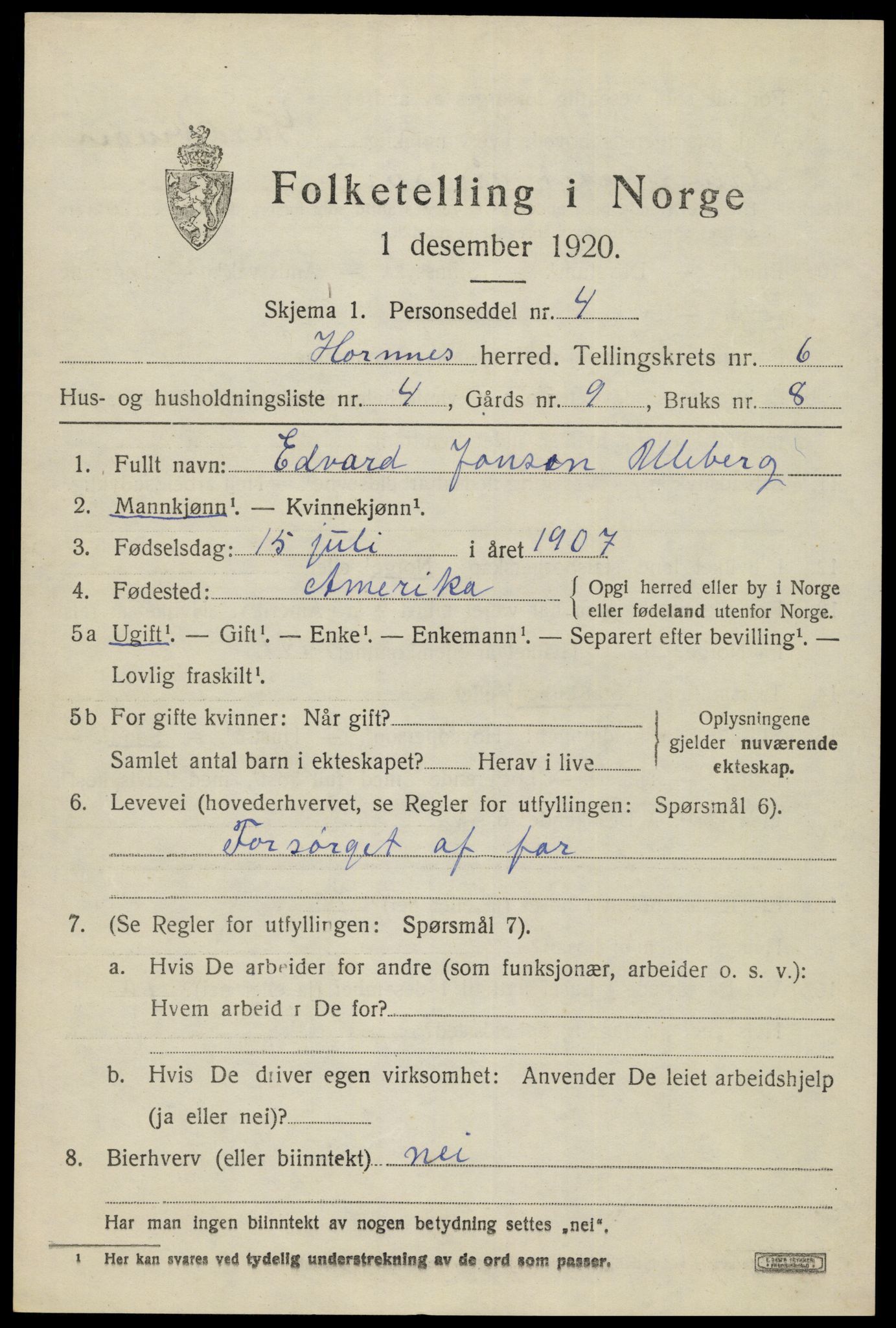 SAK, 1920 census for Hornnes, 1920, p. 1593